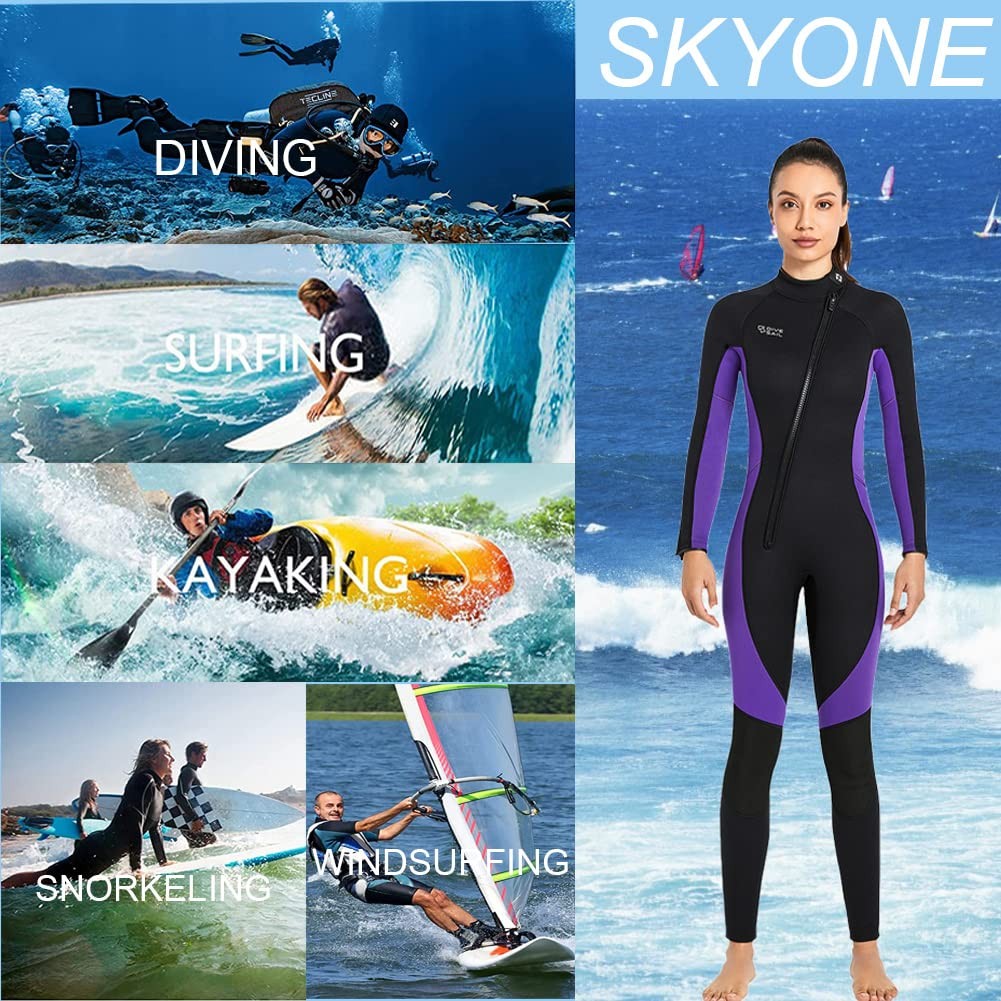 Skyone full body 3mm neoprene wetsuit for men and women, designed for diving and water sports, shown on a mannequin.
