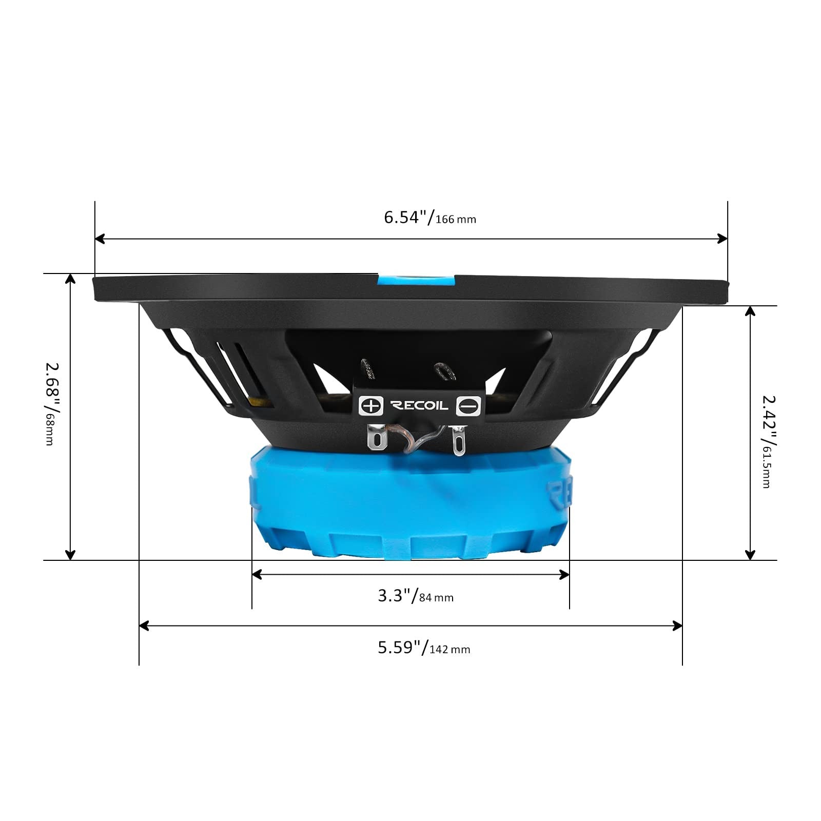Recoil RCX65 Echo Series 6.5-inch car audio coaxial speaker system with black cone and mounting brackets, designed for vehicle sound upgrades.