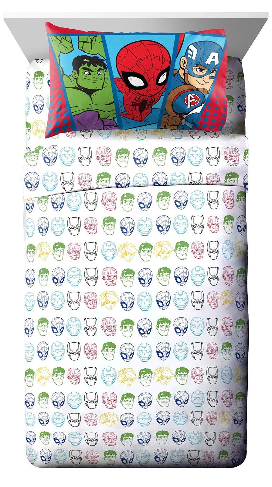 Jay Franco Marvel Super Hero Adventures toddler bed set with colorful superhero print on soft fabric, includes comforter and sheets.