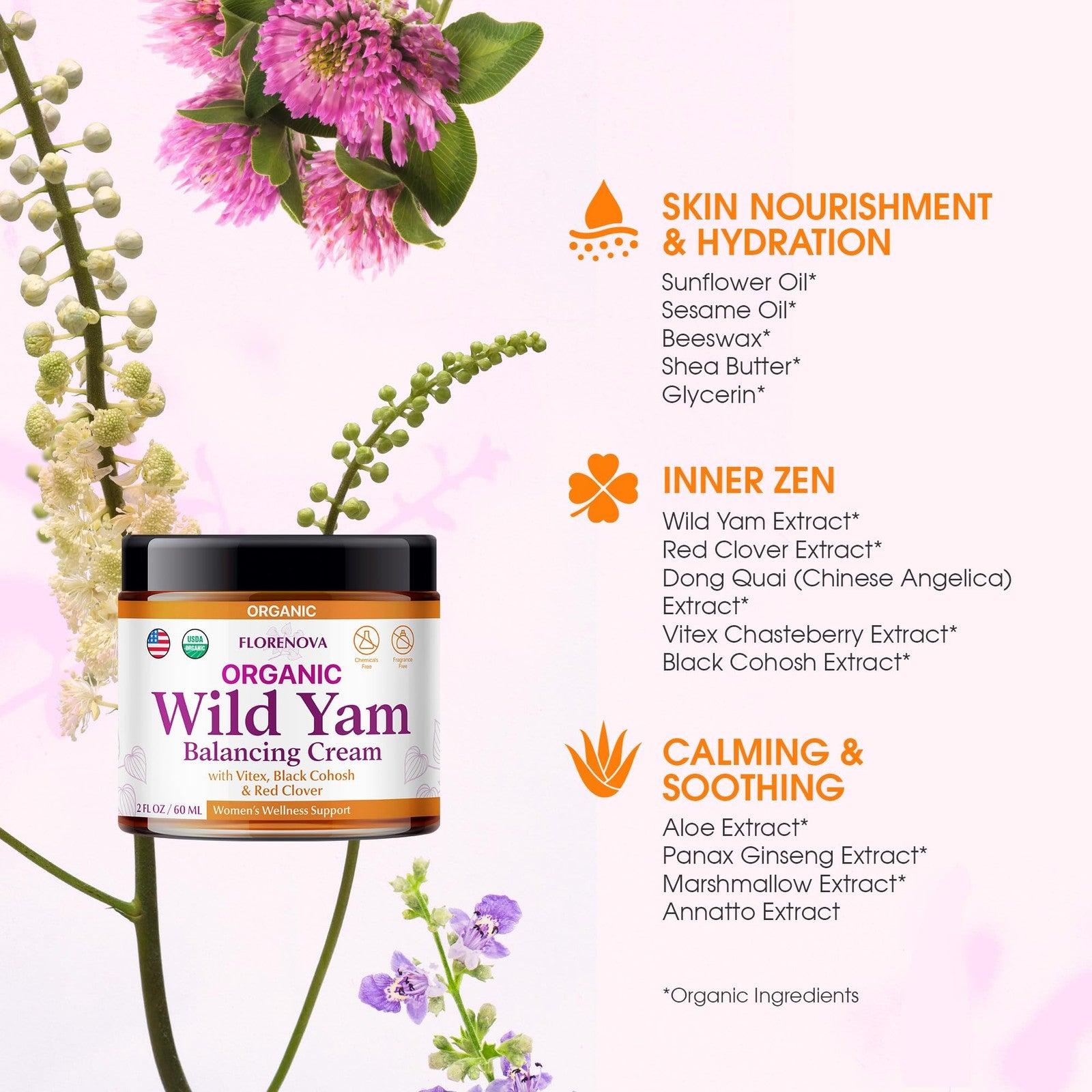 Organic Wild Yam Cream for Women by Florenova, 2oz jar of balancing herbal balm with Vitex Red, showing the cream and product packaging.