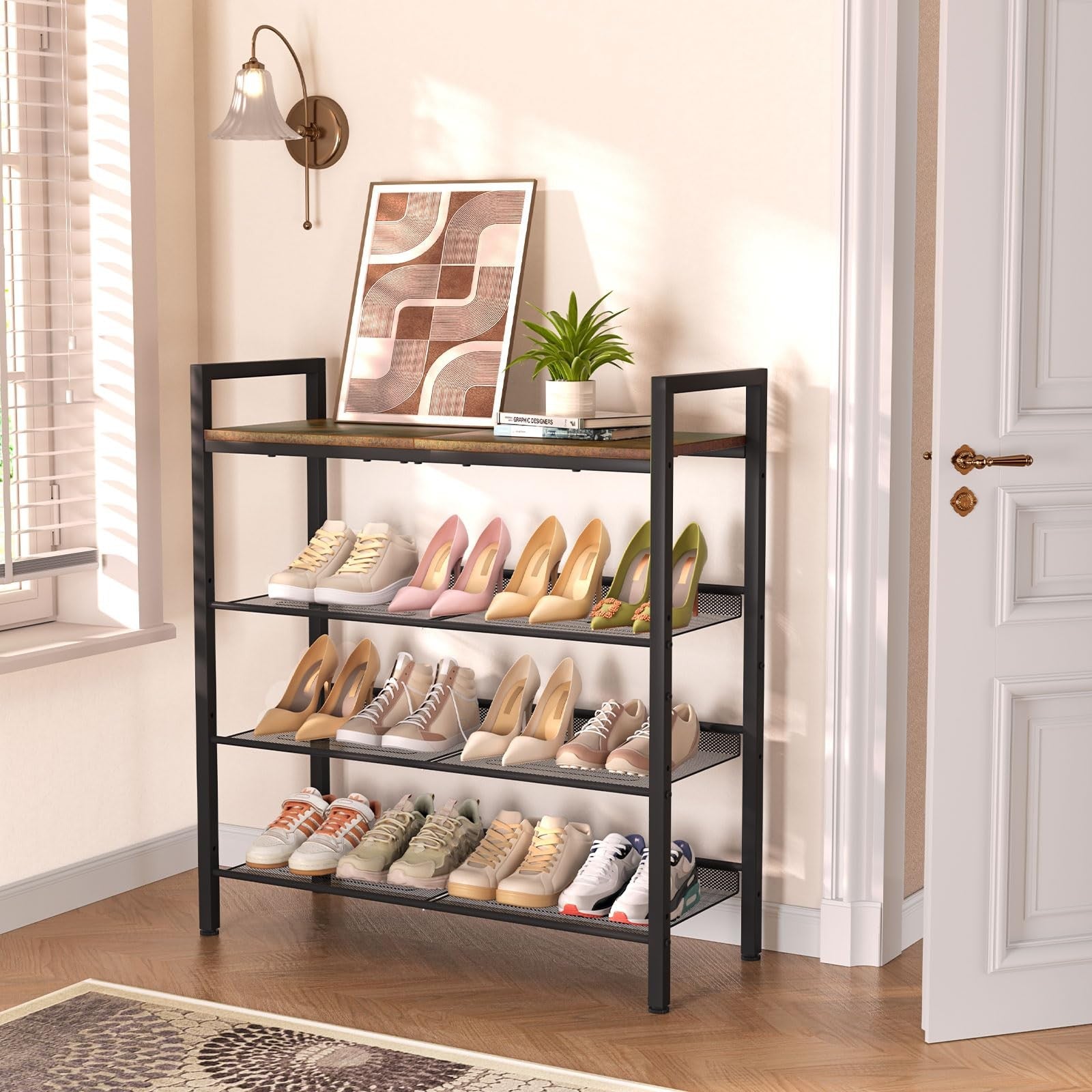 WIN4ALL 4-tier shoe rack for front door entrance, compact storage for entryway with space for 12-16 pairs of shoes.