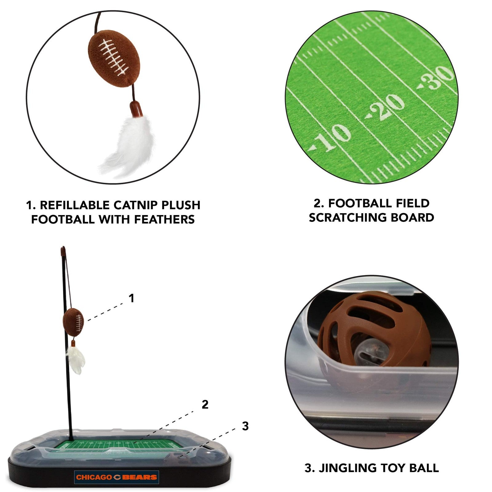 Pets First Chicago Bears football field cat scratcher toy with realistic football field design for cats to scratch and play.