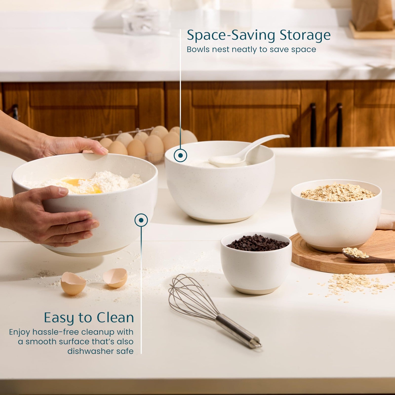 Set of KooK ceramic nesting mixing bowls in stoneware, ideal for prep and cooking, with a smooth, glazed finish.