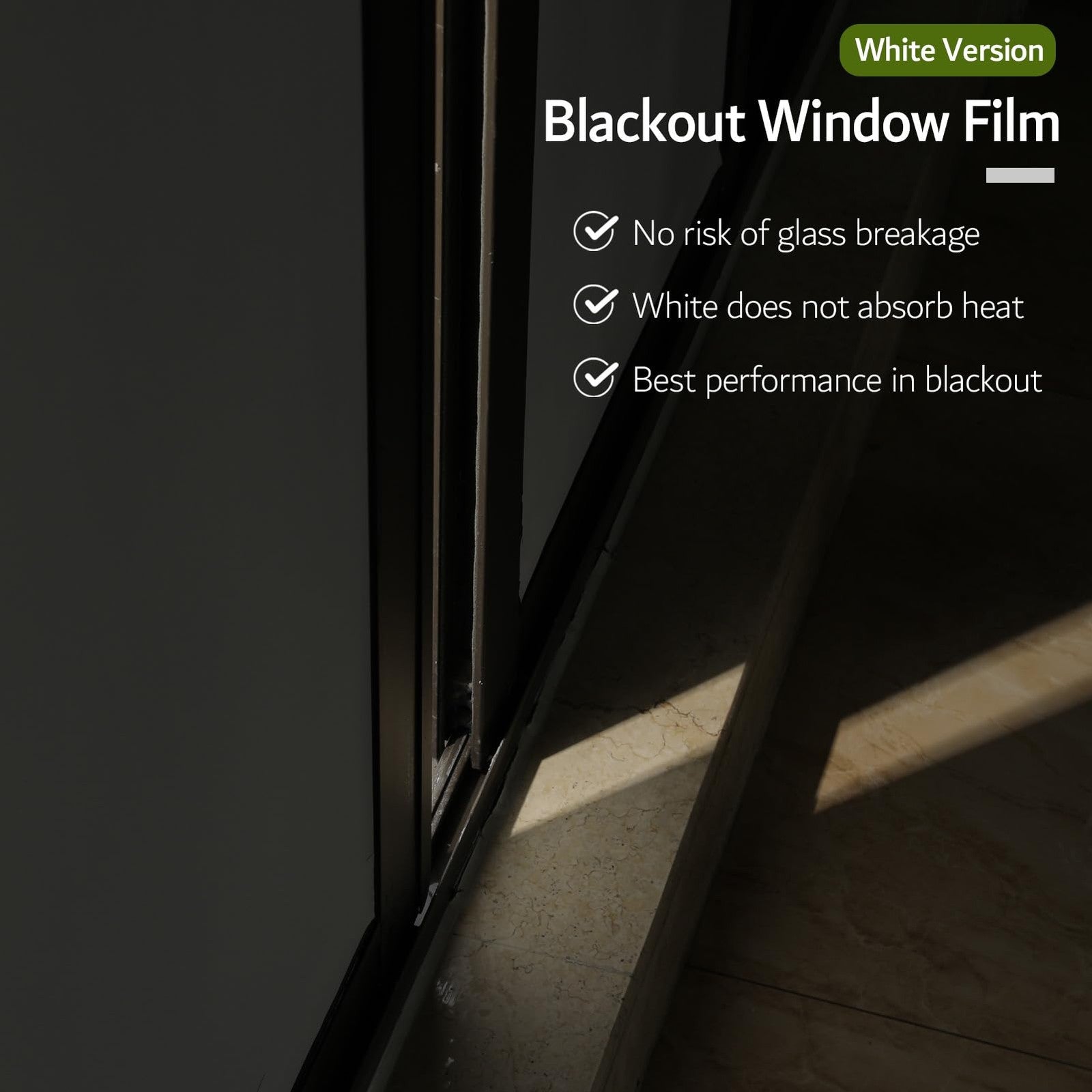 Velimax white blackout window film showing a large opaque window covering for light blocking and privacy.