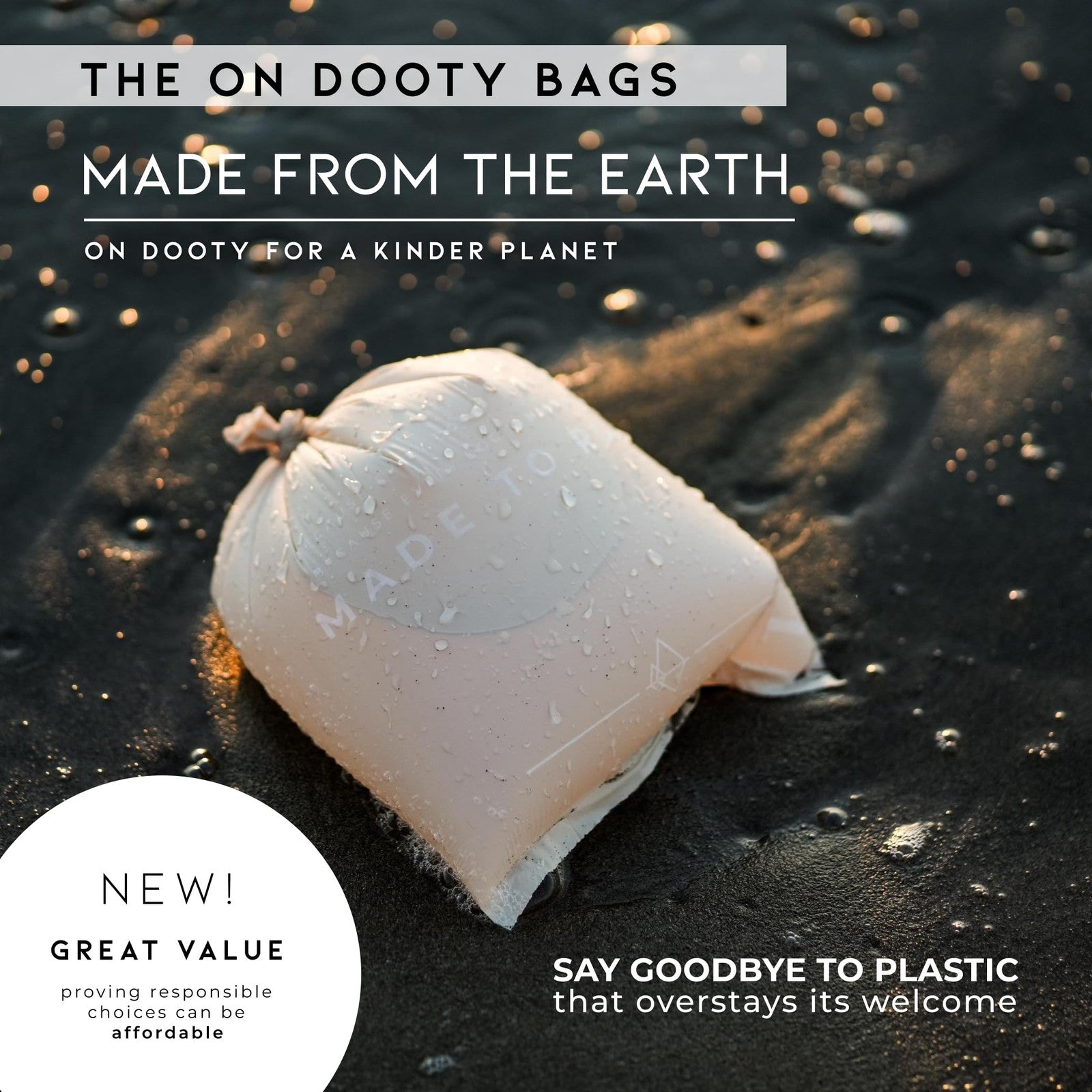 Made to Roam plant-based dog poop bag rolls, extra thick and leak-proof, shown in a roll with bags ready for outdoor use.
