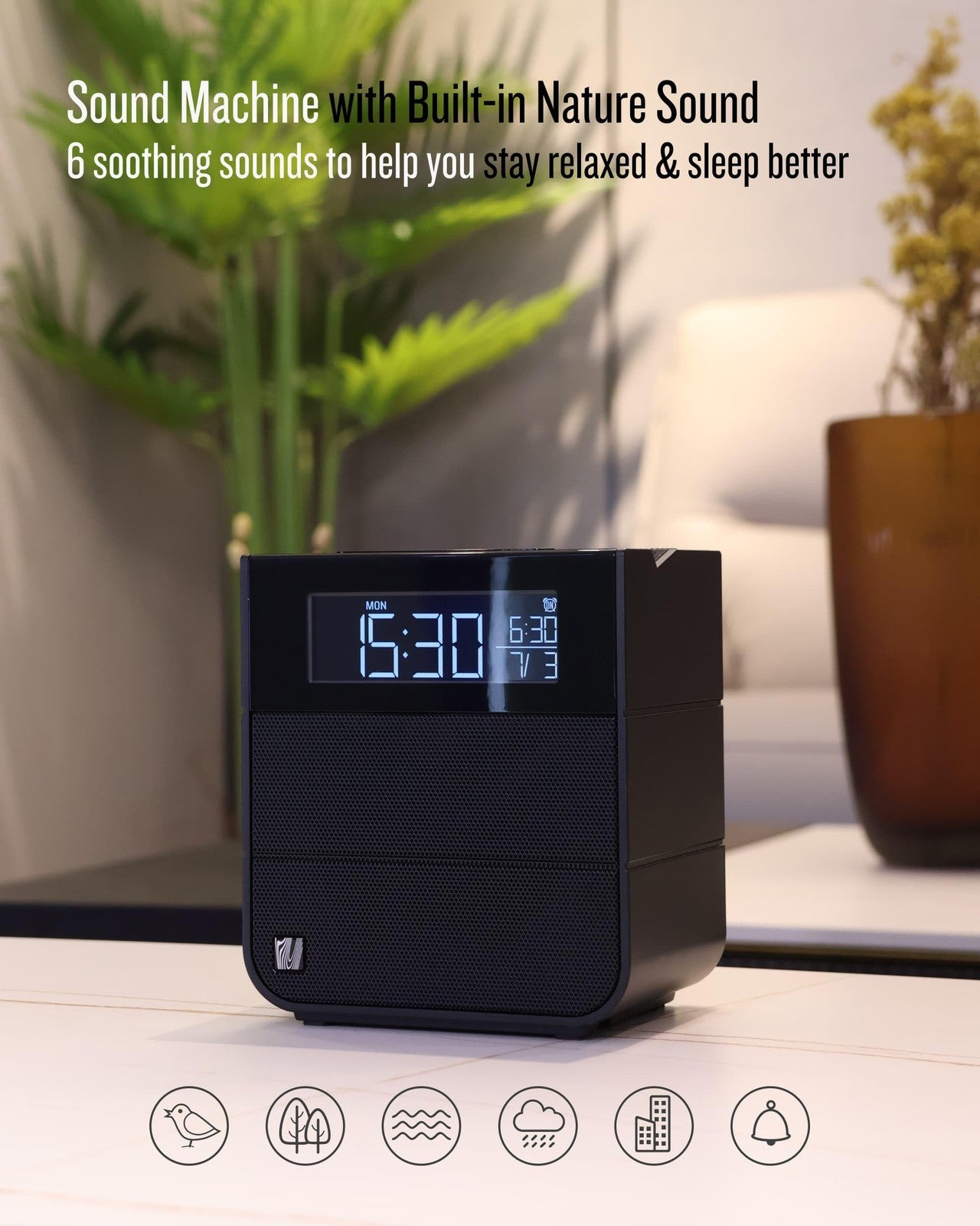 Soundfreaq Sound Rise II bedside alarm clock radio with Bluetooth speaker, digital display, and control buttons.