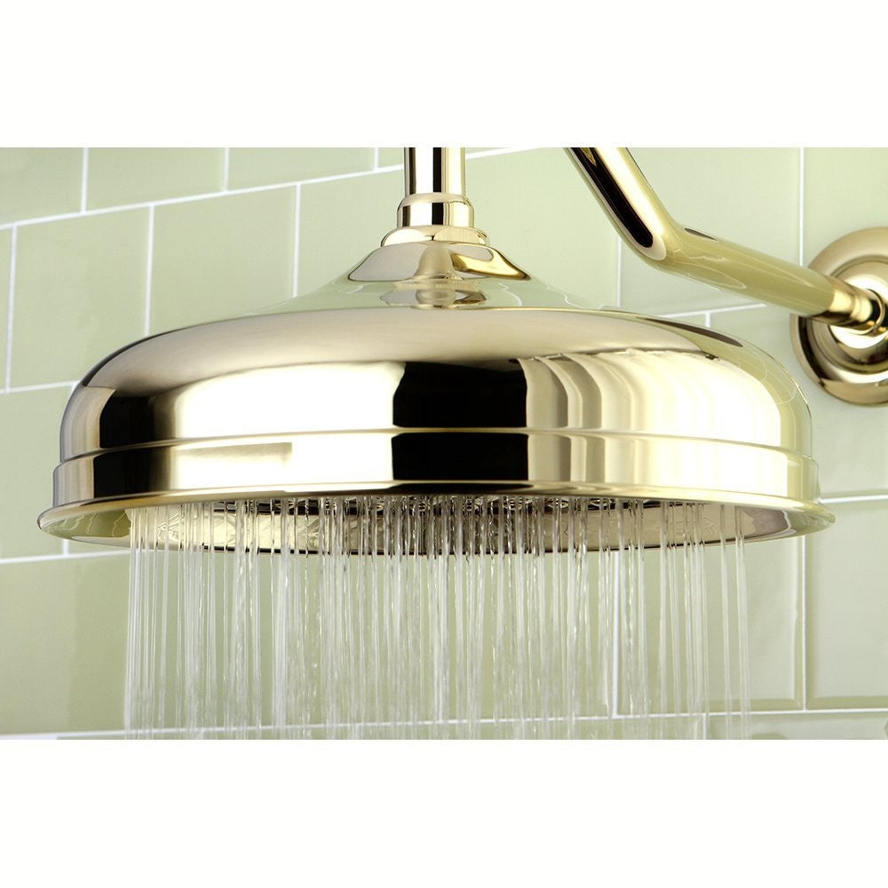 Kingston Brass Victorian raindrop shower head, 10-inch polished brass with intricate Victorian design, wall-mounted for luxurious bathroom showering.