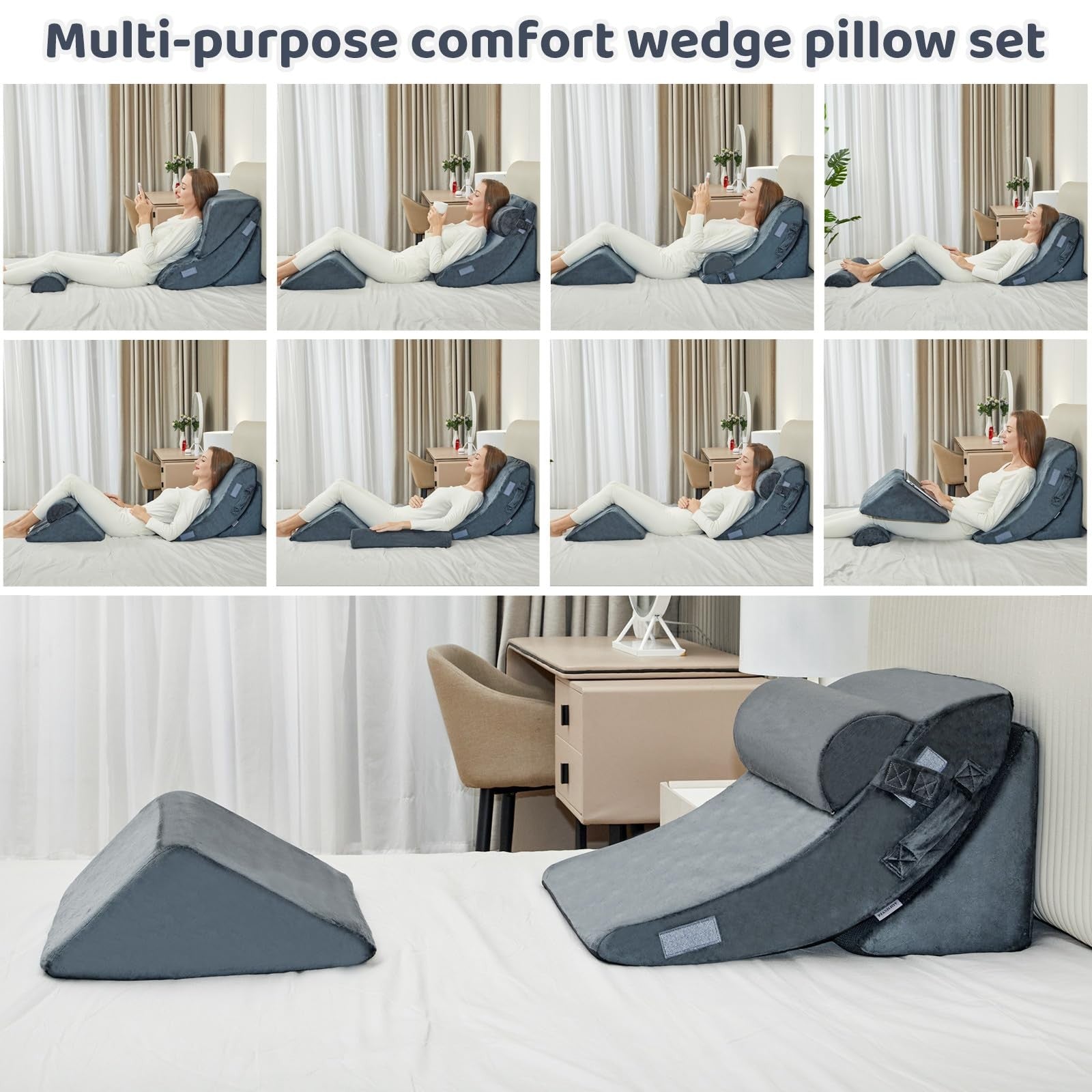 PIASHJOY 4-piece bed wedge pillow set for sleeping and acid reflux relief, showing ergonomic design and supportive foam pillows.