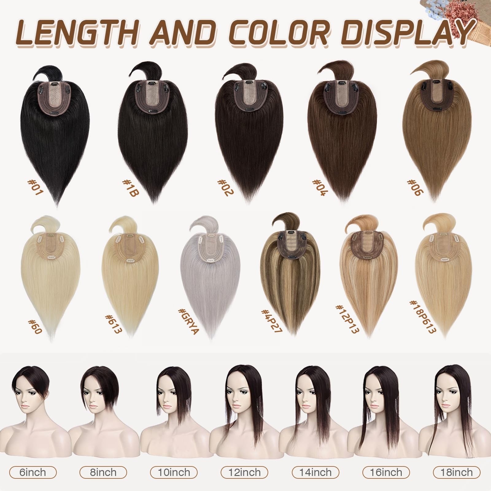Rich Choices human hair topper for women with bangs, made of 100% Remy human hair, shown with realistic hair and bang details.