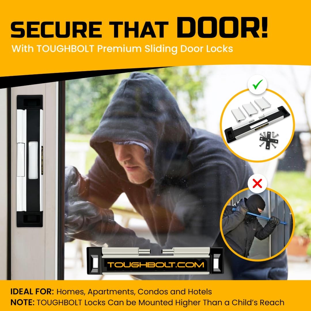 TOUGHBOLT sliding door lock with double deadbolt, child safety feature, and three-receiver system for enhanced security.