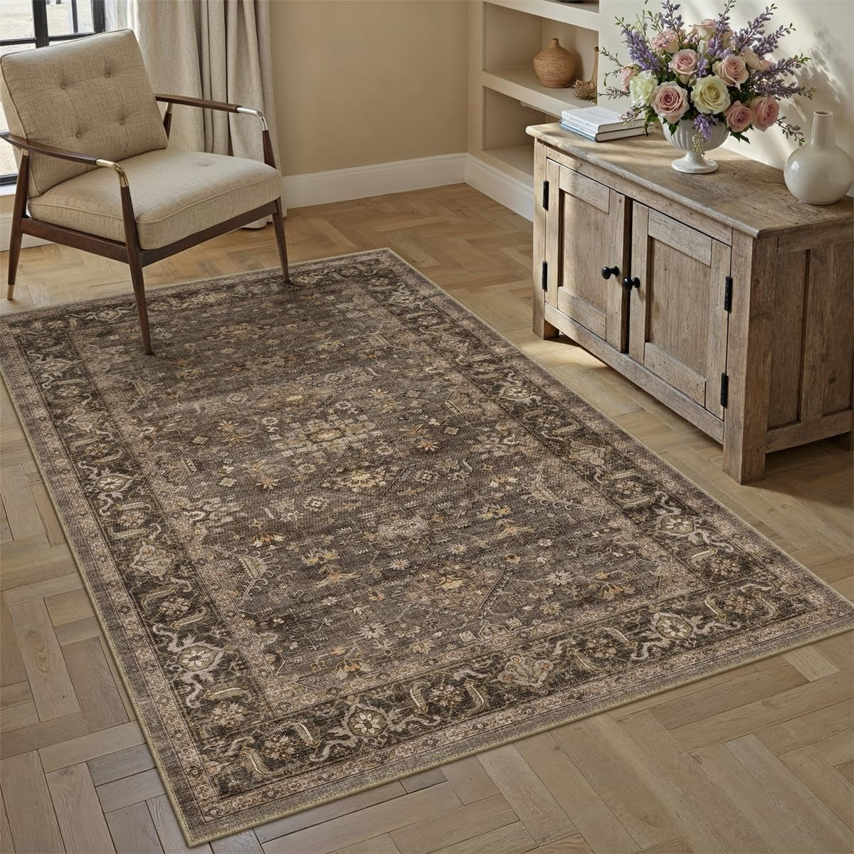 WondRg vintage brown 4x5 washable area rug with soft low pile, ideal for living room or bedroom decor.