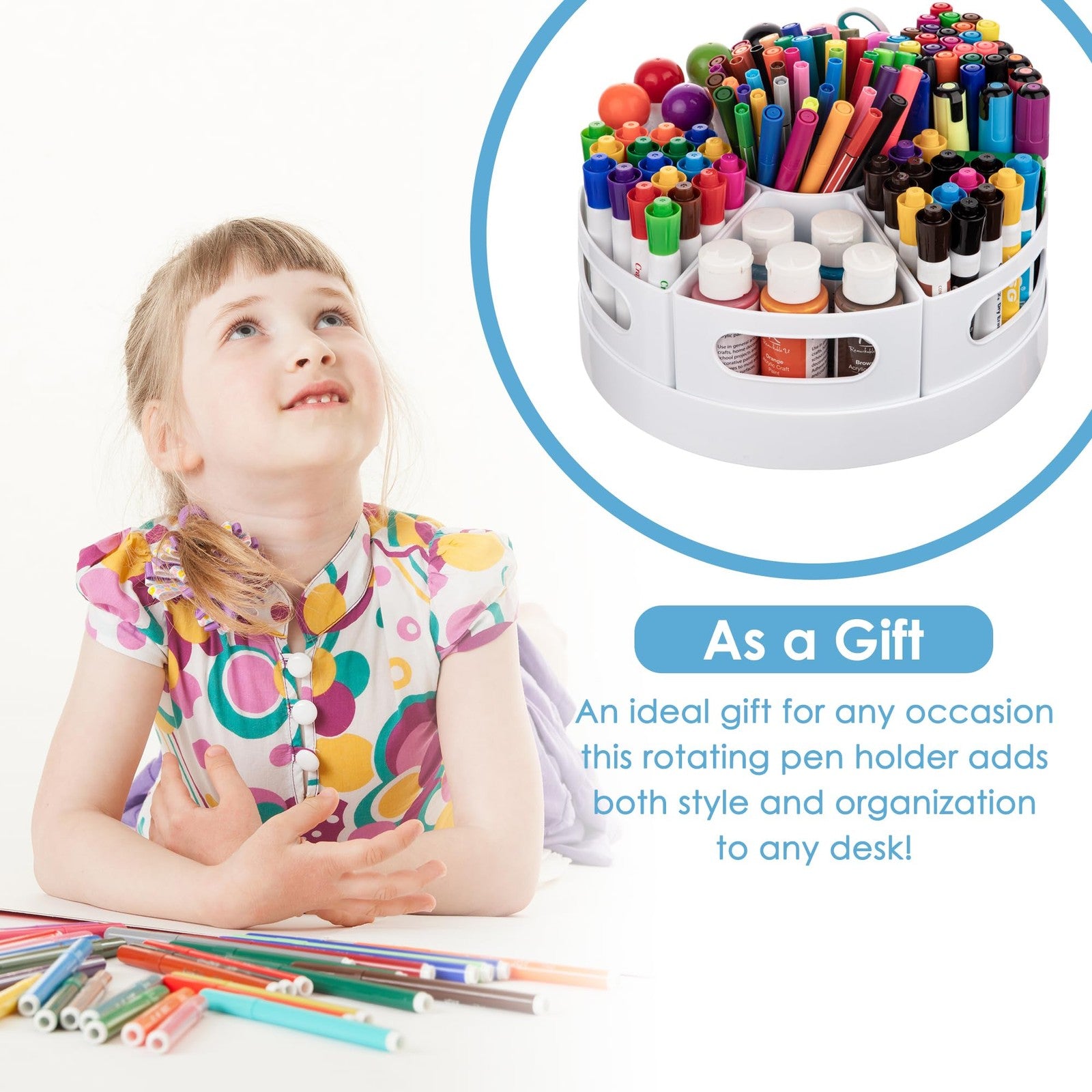 CraftGenes art supplies organizer, extra large 360° rotating desk organizer with multiple compartments for craft tools and supplies.