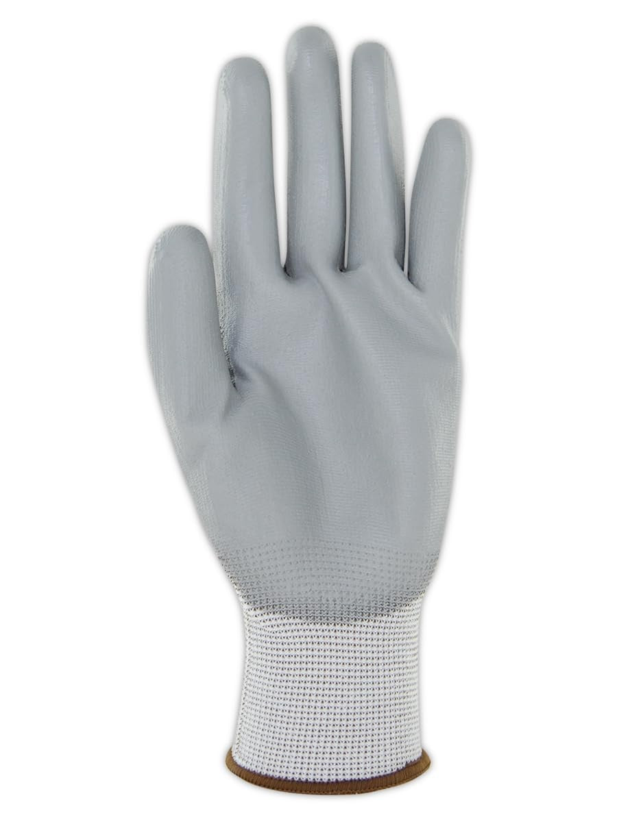Pair of MAGID Roc lightweight polyurethane palm coated work gloves in 12 pairs, showing durable grip and flexible fit.