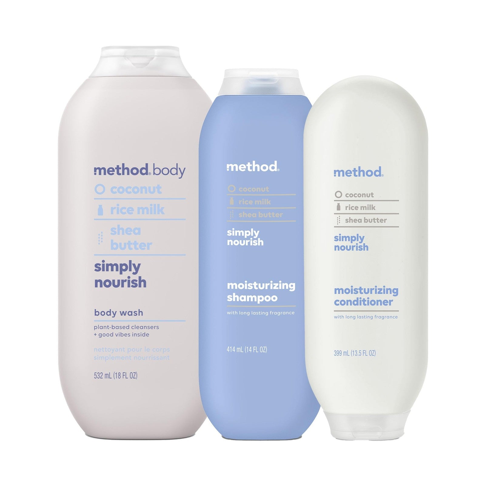 Method Simply Nourish body wash and hair care gift set with bottles featuring natural ingredients and eco-friendly packaging.