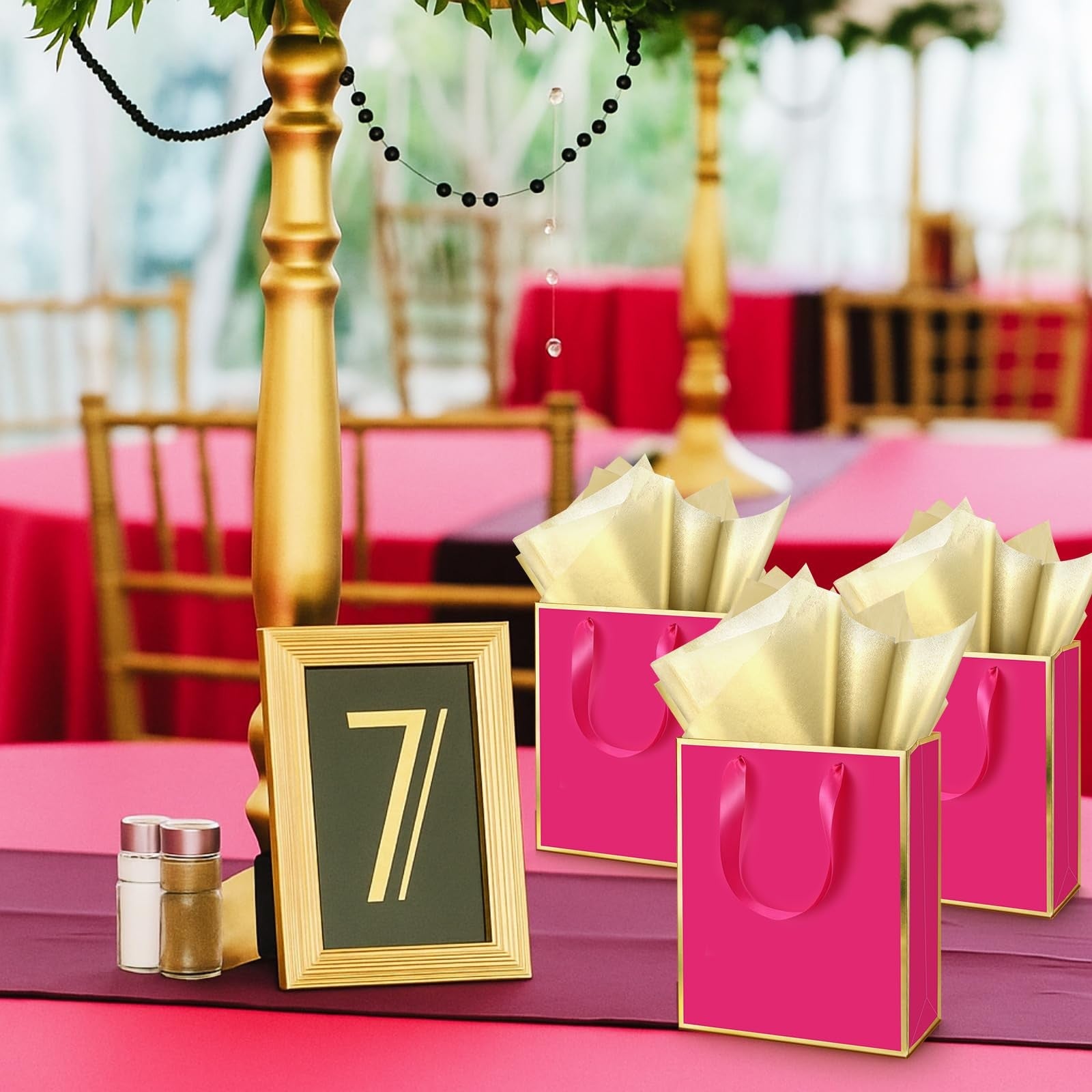 Yeaqee 50-pack metallic gift bags with handles, tissue paper, and gold foil "Thank You" message for gift wrapping and celebrations.