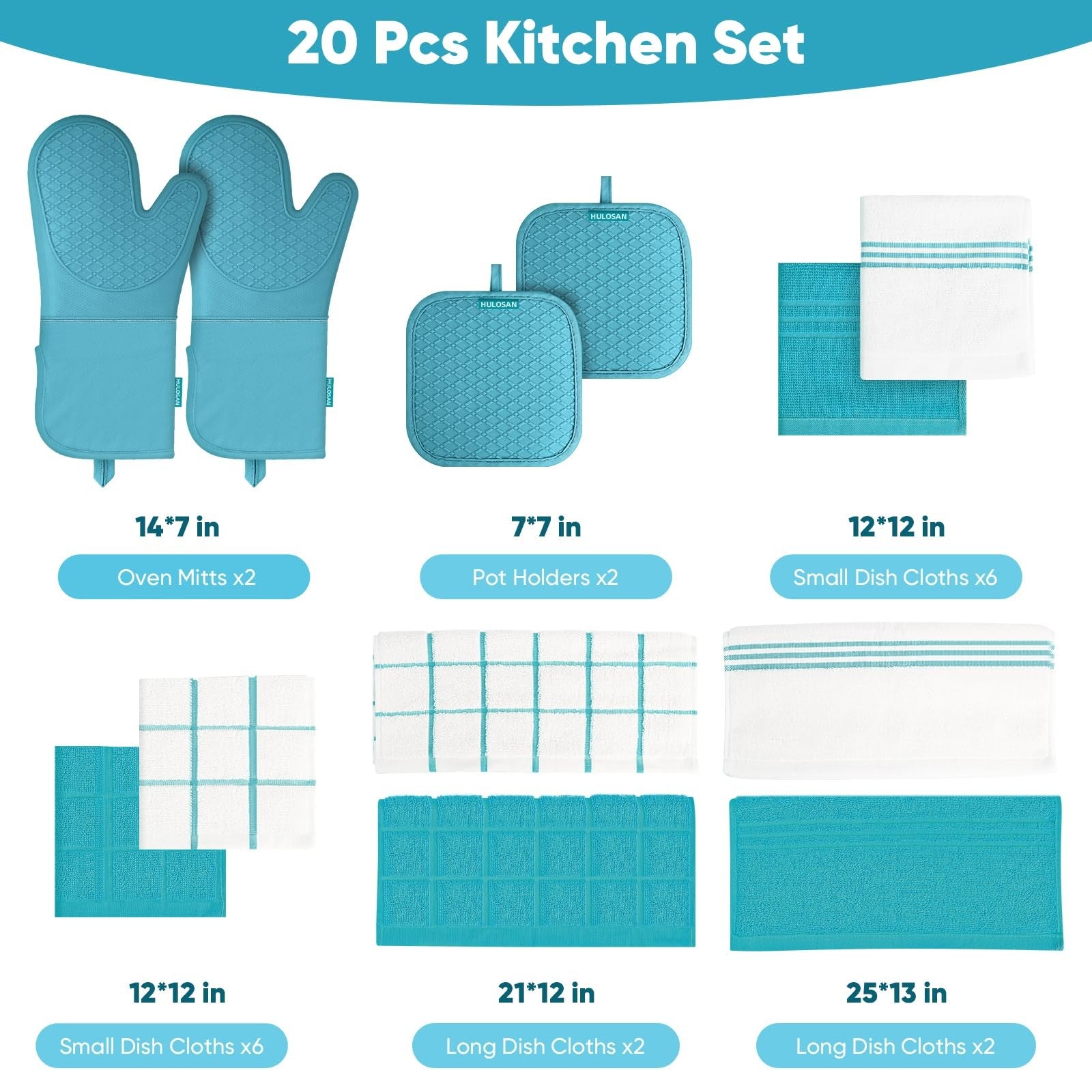 HULOSAN silicone oven mitts and pot holder set with cotton dish towels for kitchen, heat-resistant and durable kitchen accessories.