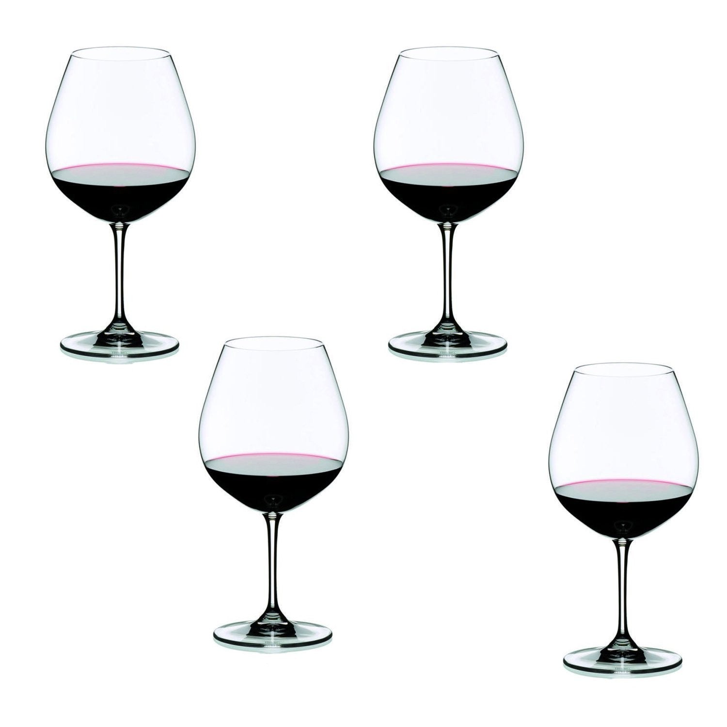 Set of four Riedel Vinum Burgundy Pinot wine glasses with 24oz capacity, clear barware drinkware for red wine.
