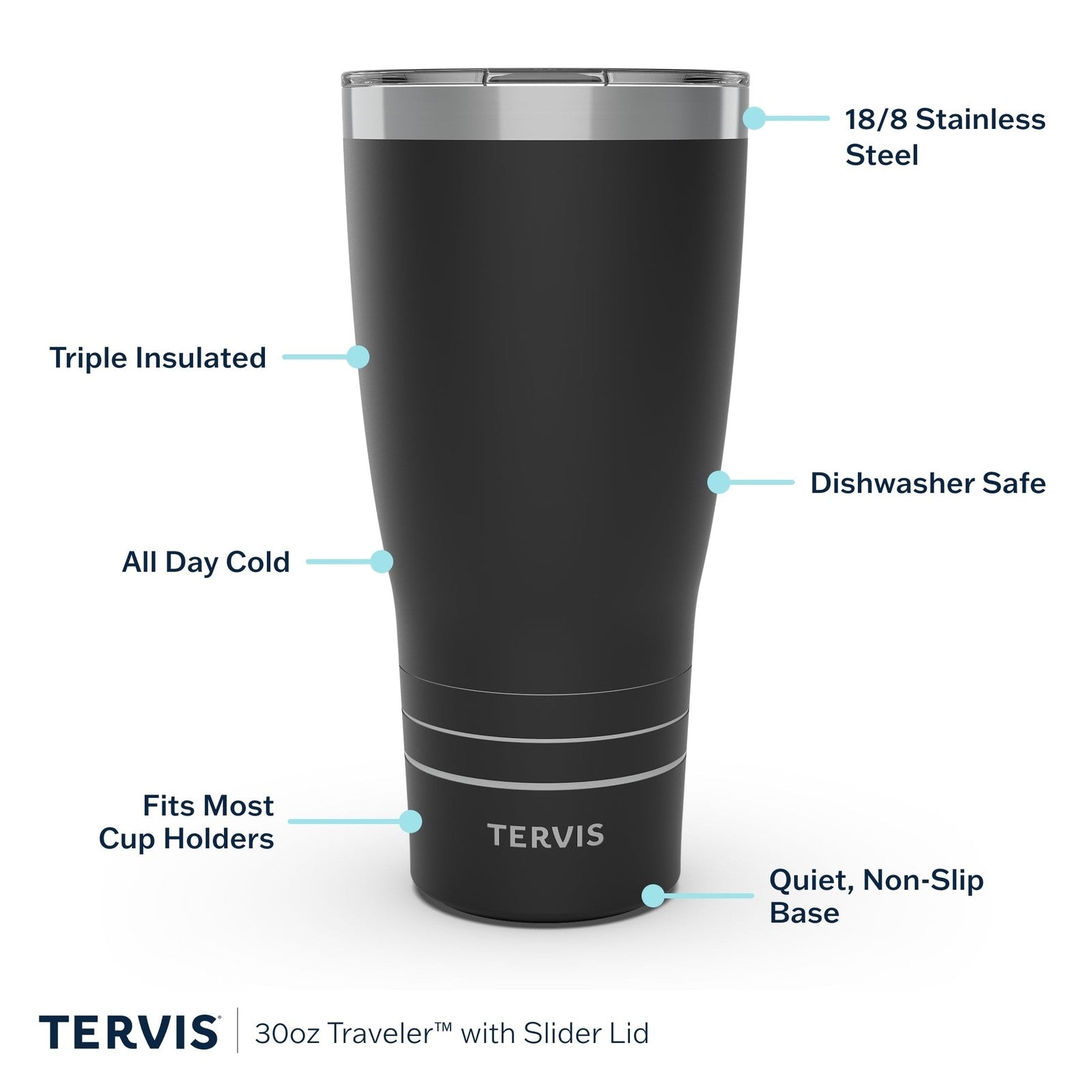 Tervis Traveler Wicked For Good gold triple insulated tumbler travel cup with lid, designed for hot and cold beverages.