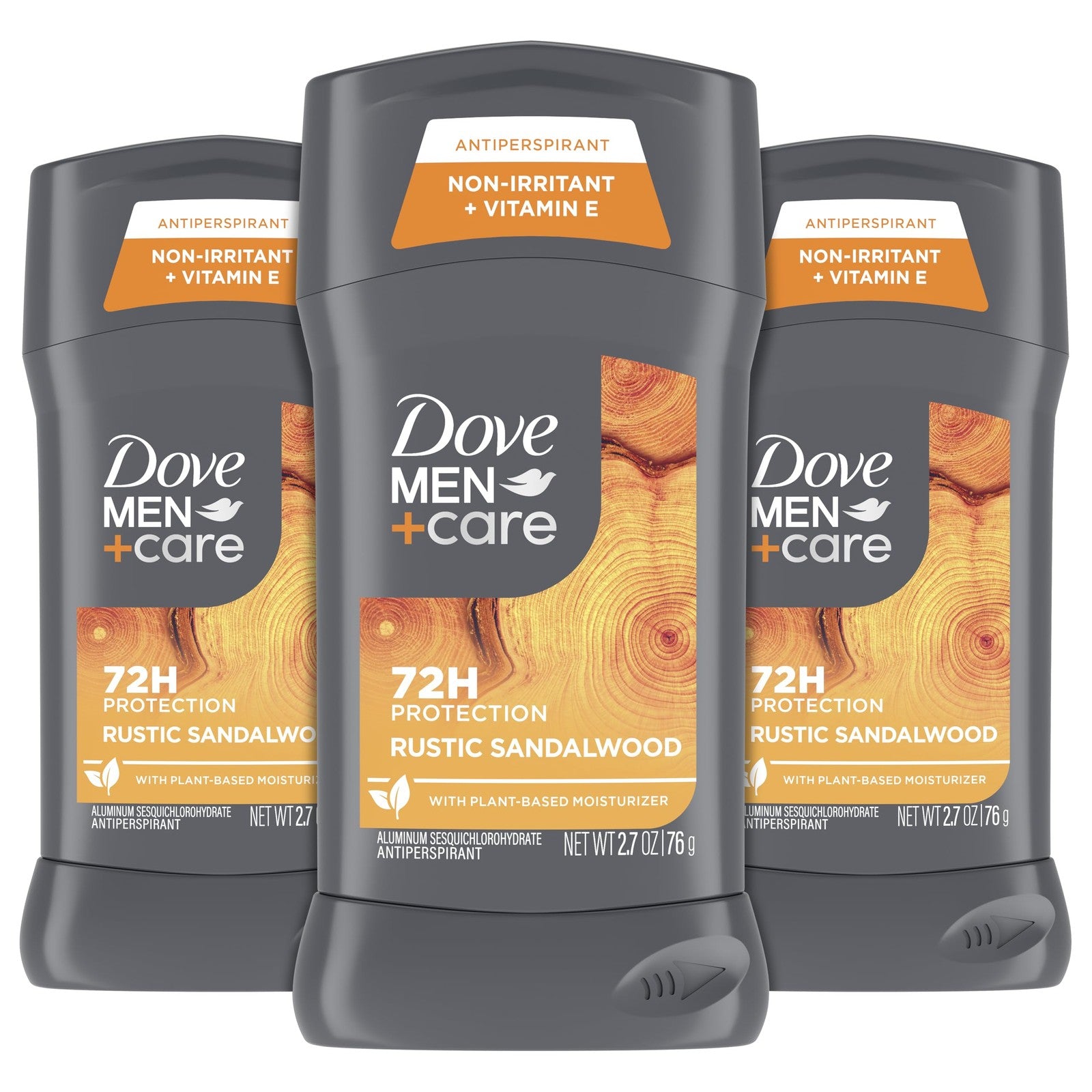 DOVE MEN + CARE Rustic Sandalwood antiperspirant deodorant 3-pack, 2.7oz sticks with rustic sandalwood scent on a white background.