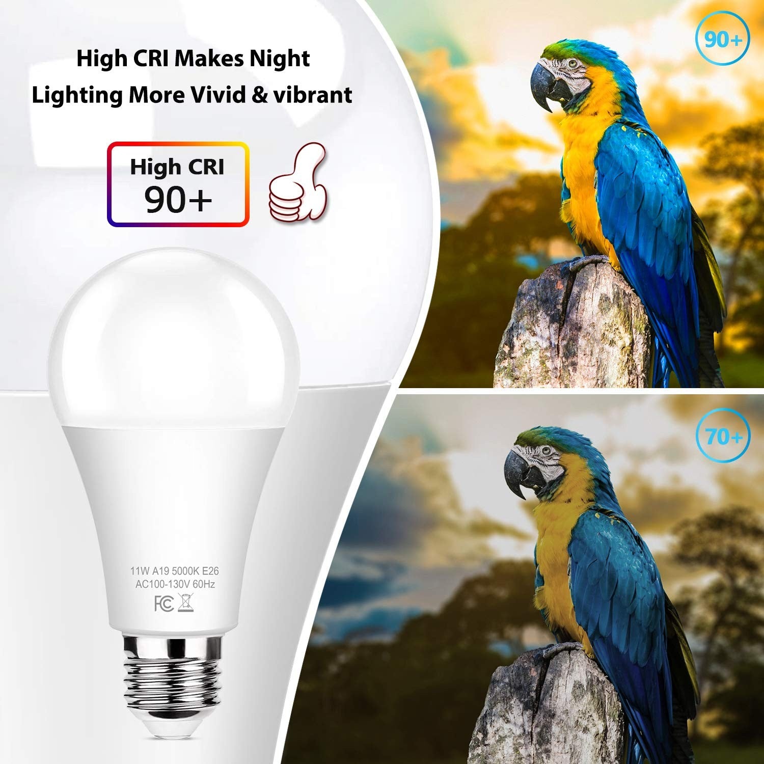 Set of six unbranded dusk to dawn LED A19 light bulbs, 11W, E26 base, 100W equivalent, shown installed in a fixture.