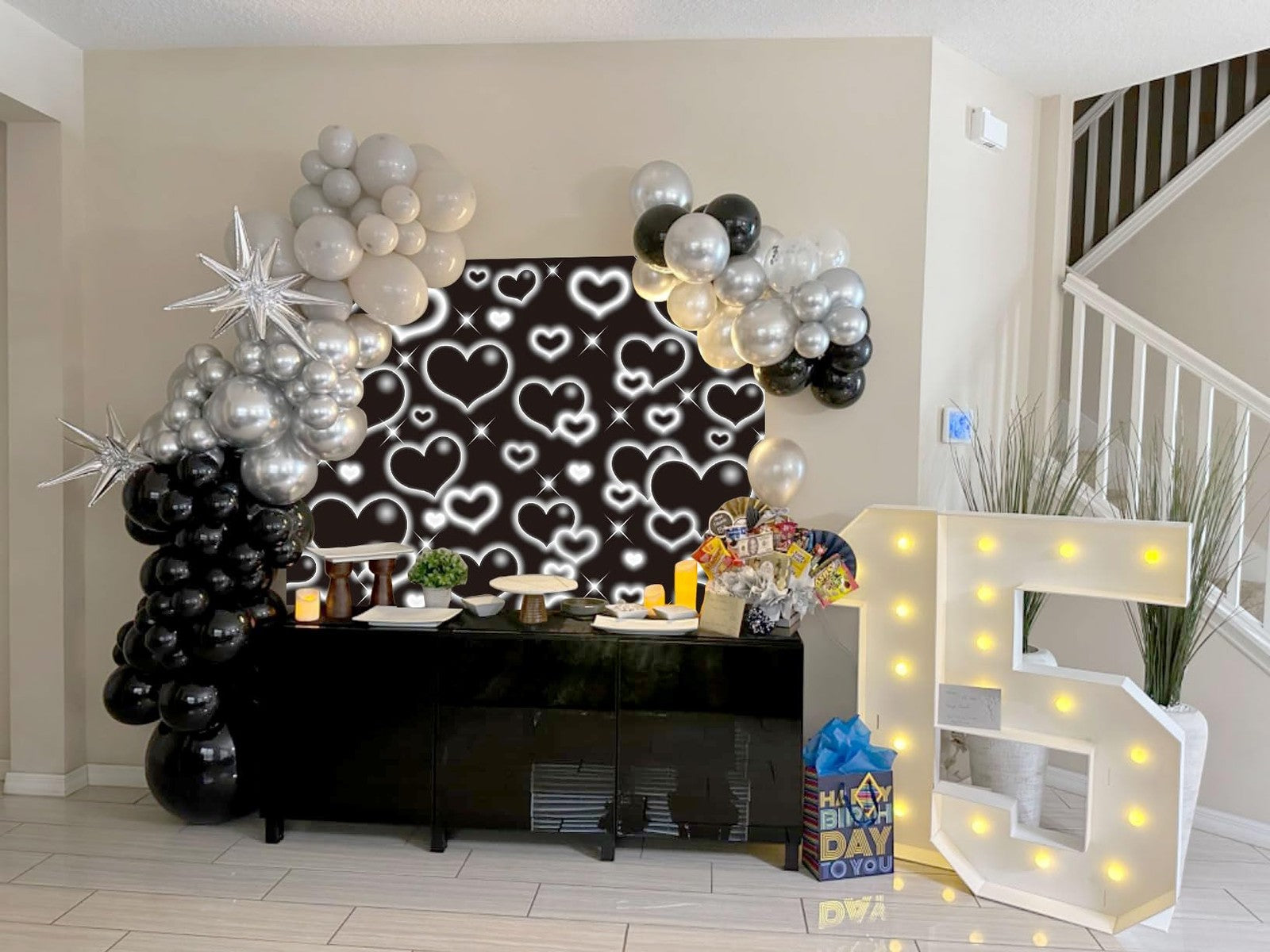 Black heart-themed party photo backdrop by CINRAY, 8x6 feet, featuring a love-inspired design for photoshoots and celebrations.