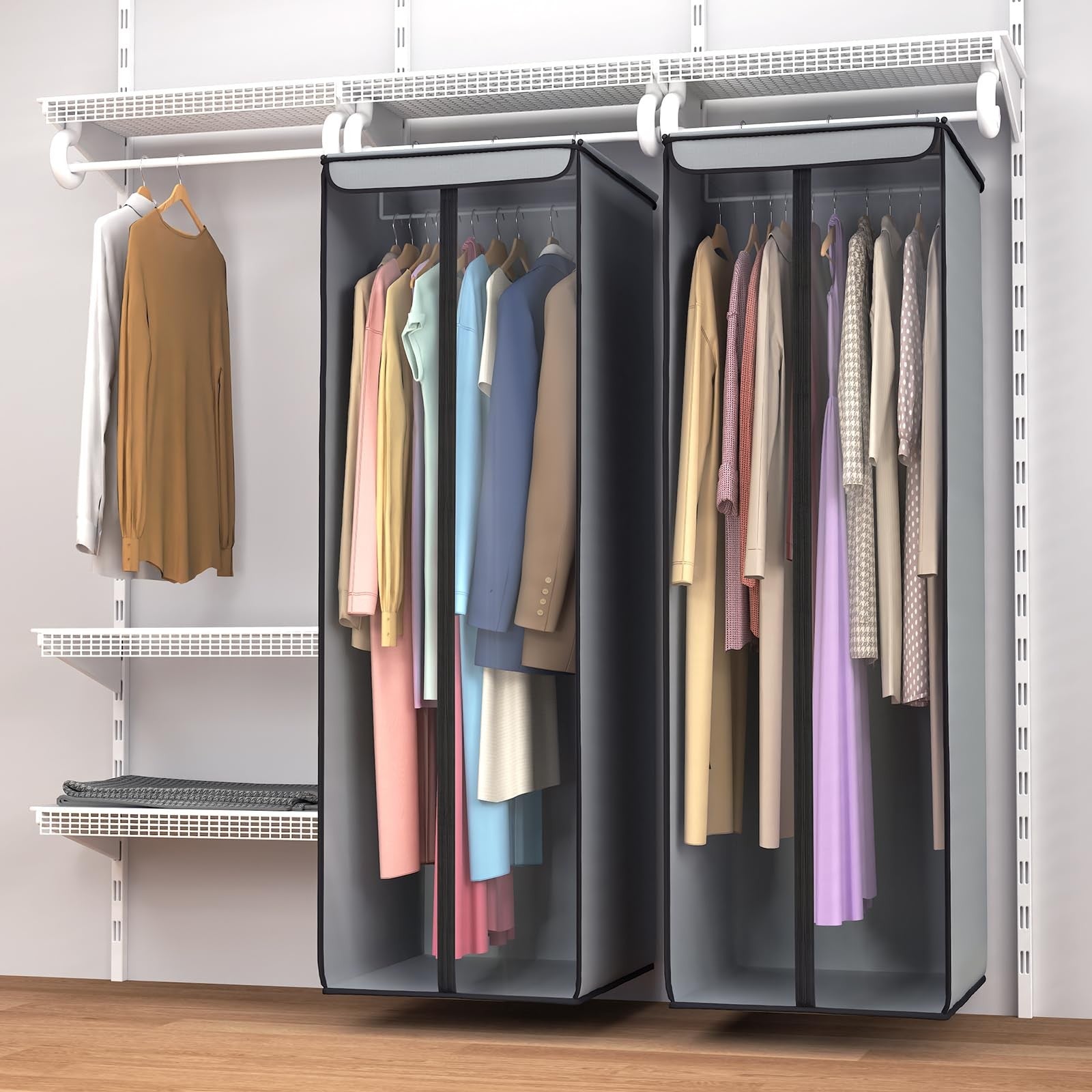 Univivi 54-inch clear garment storage bags with window, 2-pack, for closet organization and clothing storage.