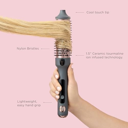 Hairitage Heated Curl Brush with 1.5-inch thermal round brush head for smooth, frizz-free curls and styling.