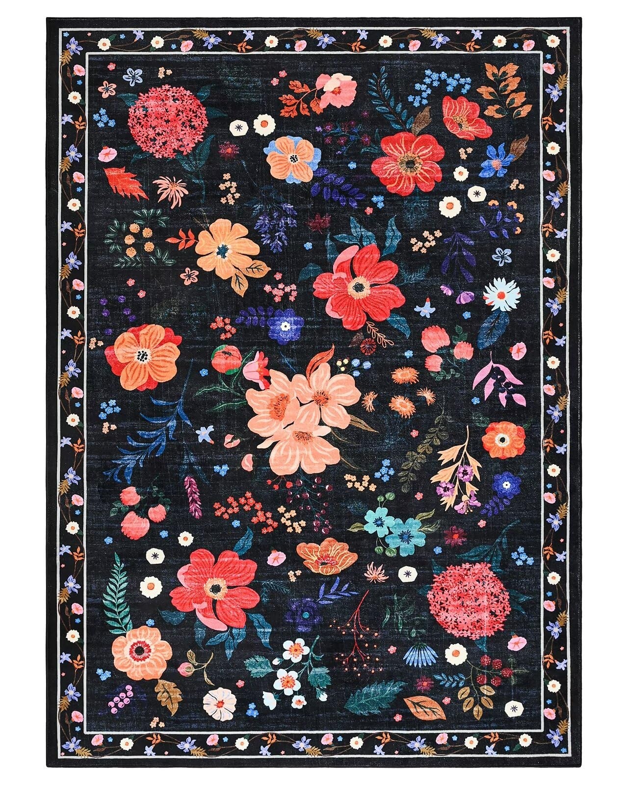 Black floral Macgace 4x6 washable area rug with colorful flower pattern, ideal for girls' bedrooms.