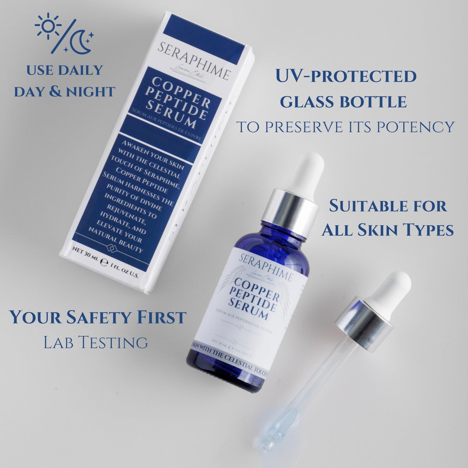 Seraphime Copper Peptides Serum for face with 2% copper peptides and 4% epidermal growth factor, in a clear bottle with dropper