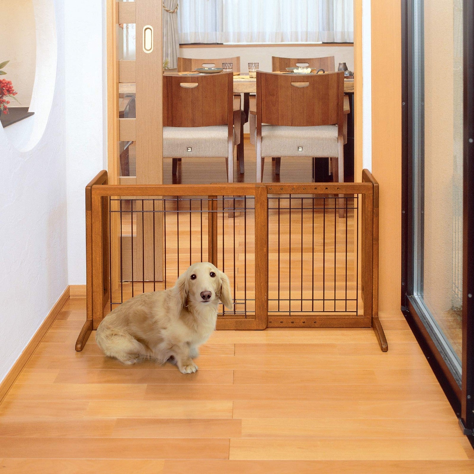 Richell 94135 freestanding pet gate in autumn matte finish, small size, with wooden frame and vertical slats for pet barrier.