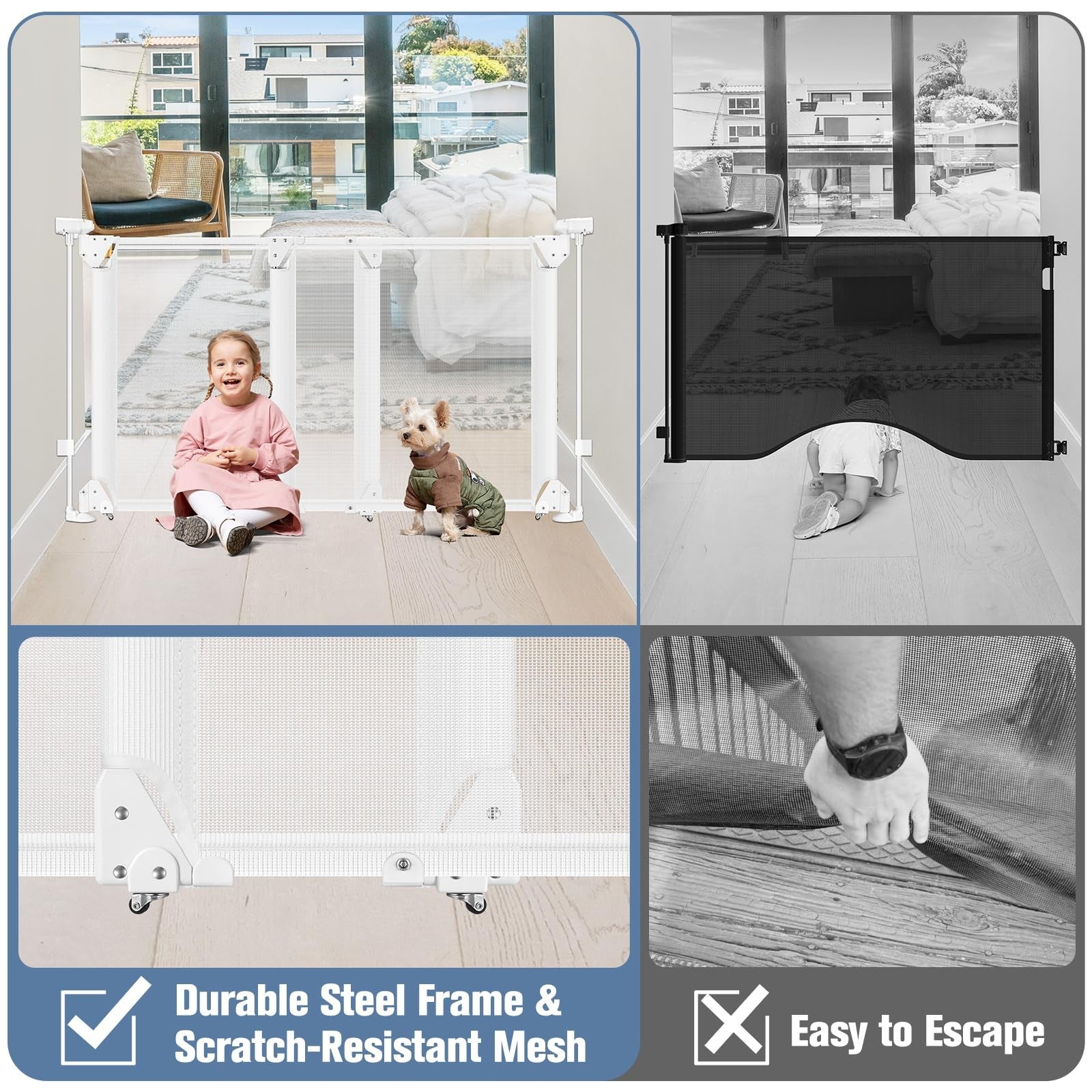 Bingguz No Bottom Bar Baby Gate for Stairs, adjustable 34-55 inches, with large walk-through opening and safety mesh.