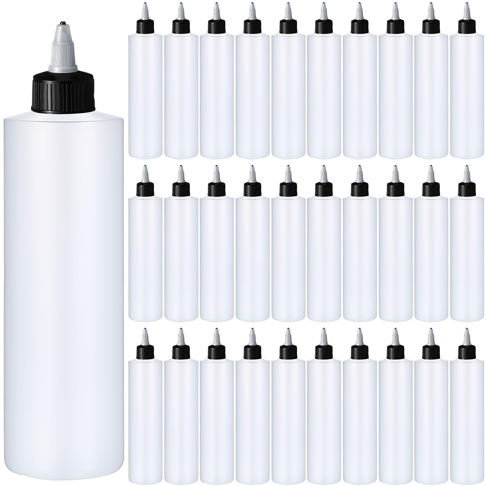 Set of 10 Irenare 16oz black plastic condiment squeeze bottles for sauces, BBQ dressings, and condiments, with nozzle tips.