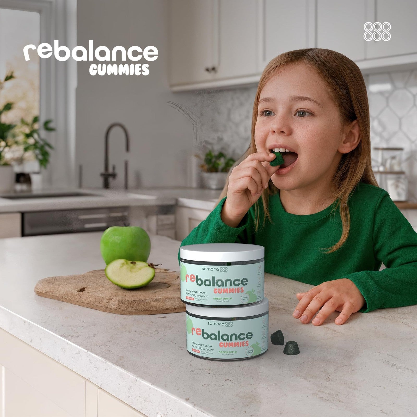 Samara 888 Zeolite Detox gummies for kids and adults featuring heavy metal and chlorella detox ingredients, shown in the image.