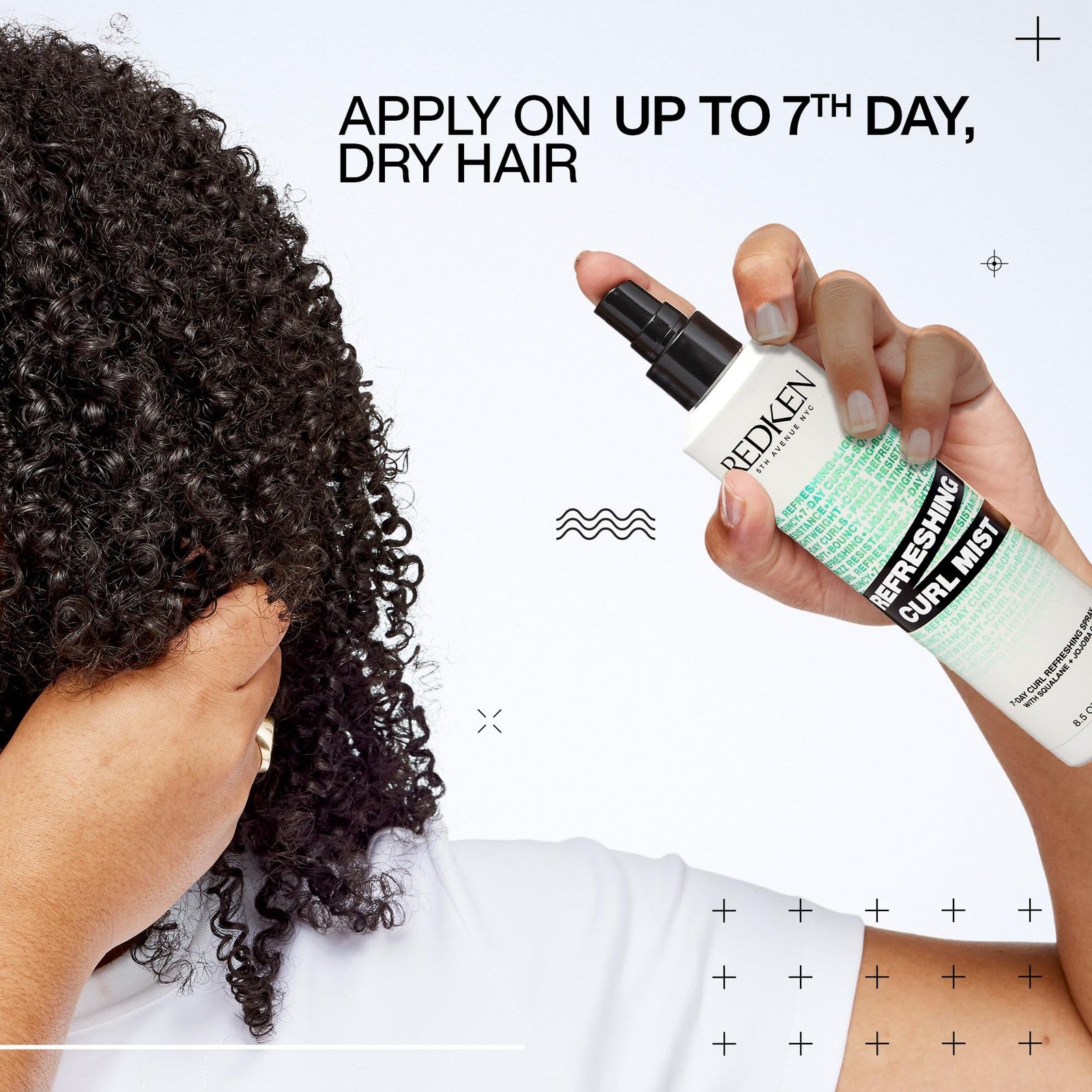 Redken Curl Refreshing Spray for curly and coily hair, showing a spray bottle surrounded by defined, hydrated curls.