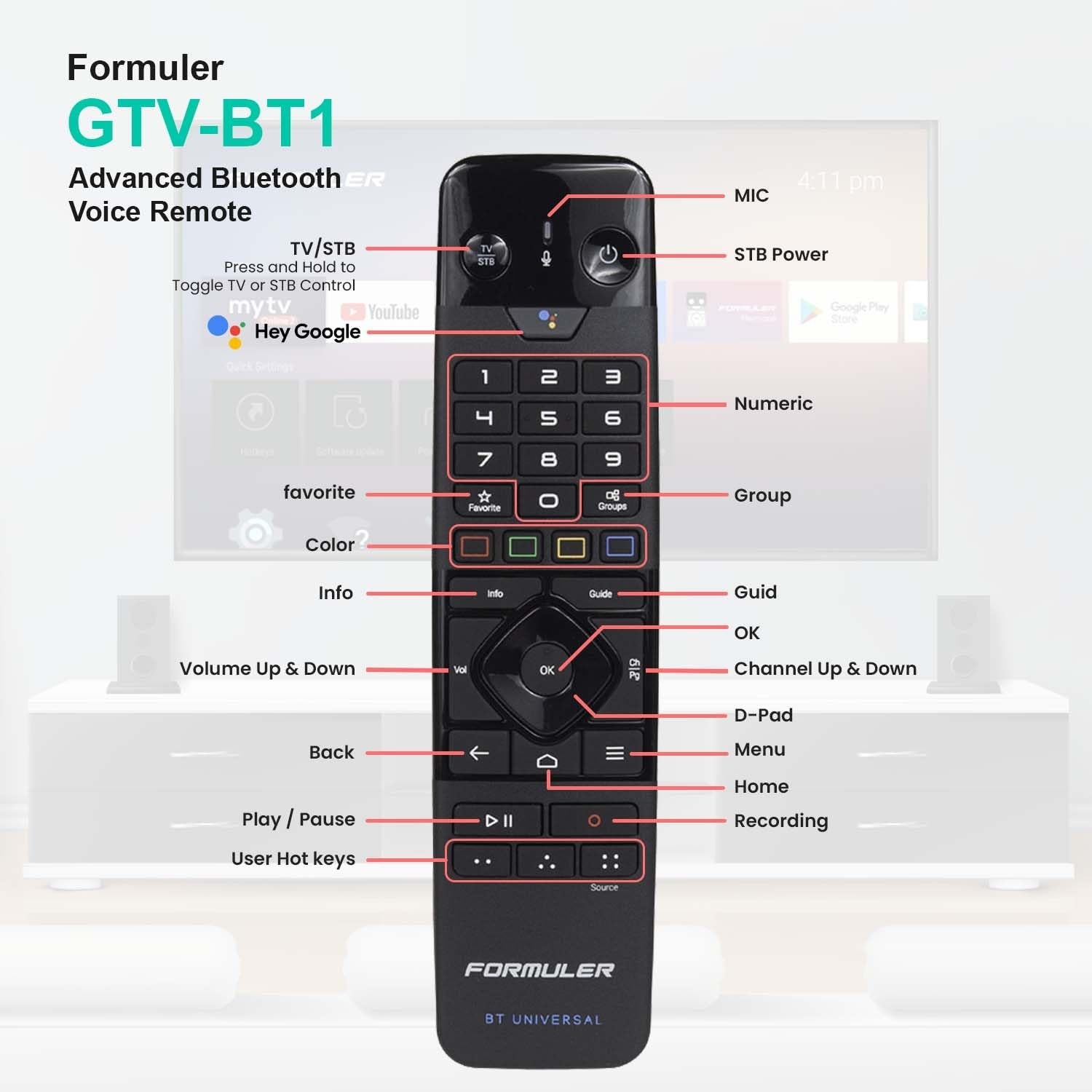 Formuler BT1 remote control for Z7+, Z8, Z10, Z11, Z Alpha, and CC models, with buttons and ergonomic design visible.