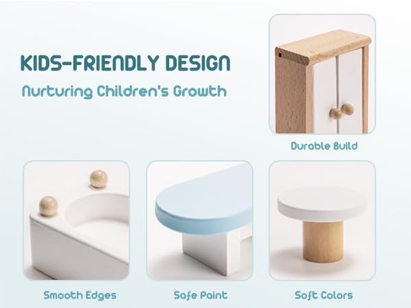 ROBOTIME 23-piece dollhouse furniture set with wooden mini furniture for 1:12 scale, including chairs, tables, and accessories.