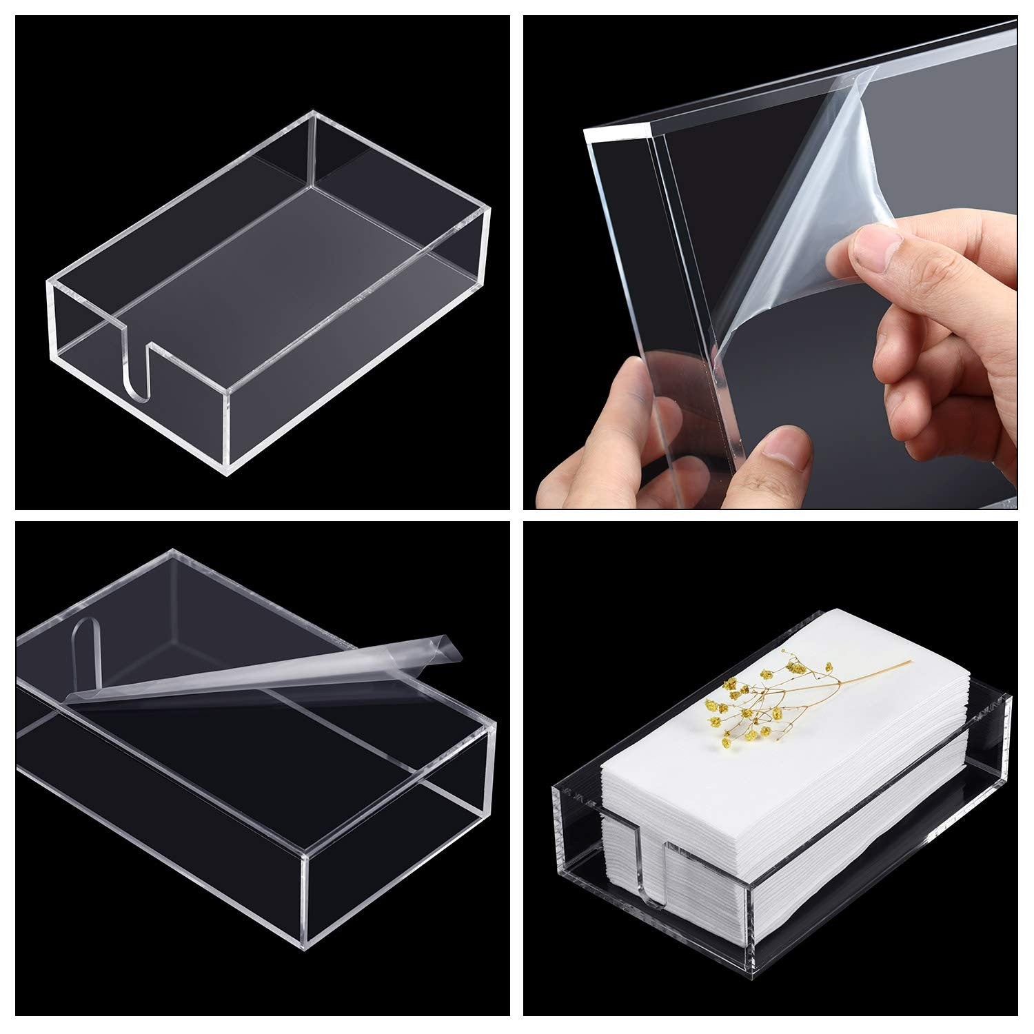 Clear Boao acrylic cocktail napkin holder on a table, designed for holding beverage napkins neatly and stylishly.