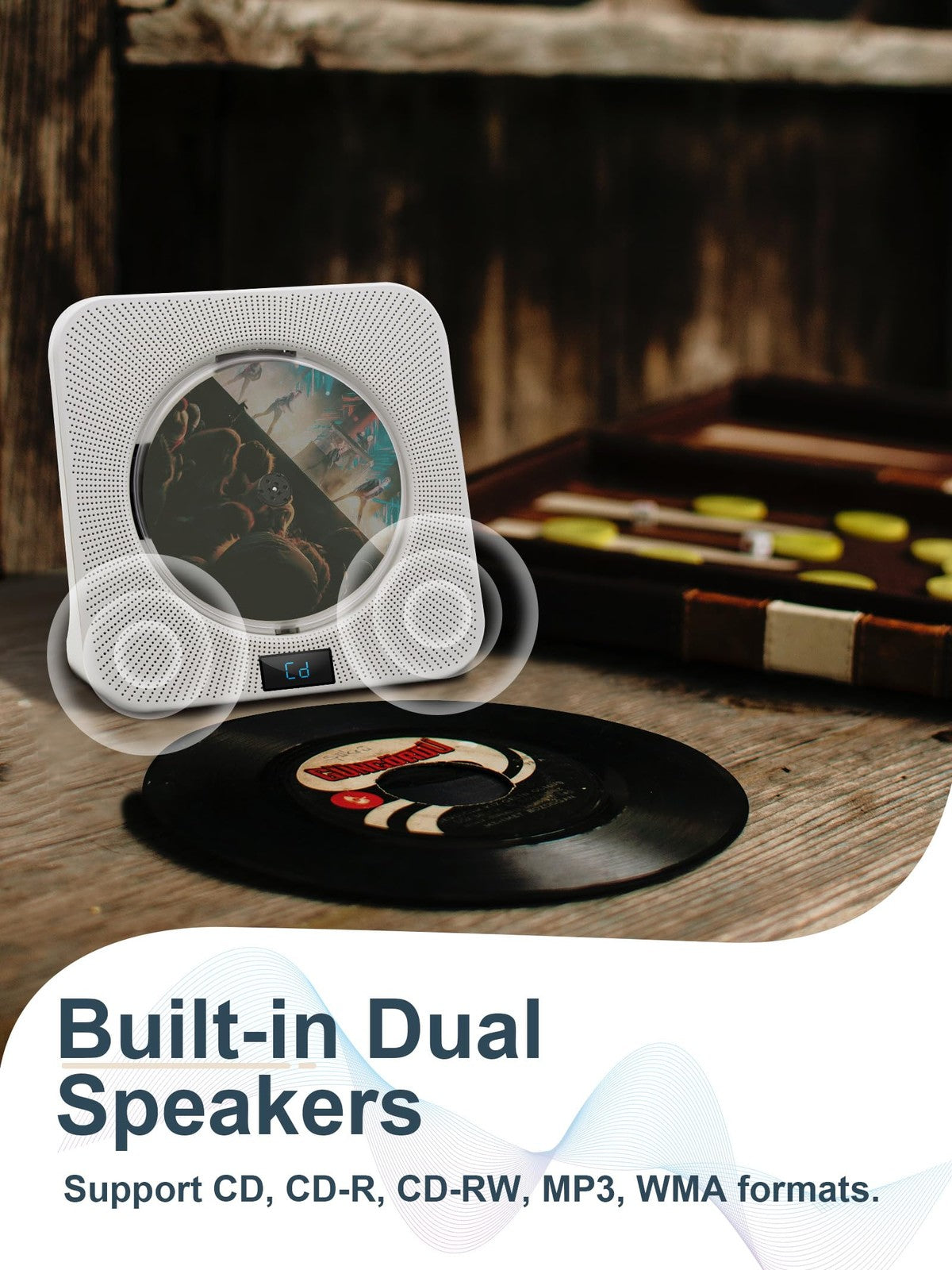 Jimwey portable CD player with Bluetooth, HiFi speakers, FM radio, USB and AUX ports in white, showing controls and display screen.