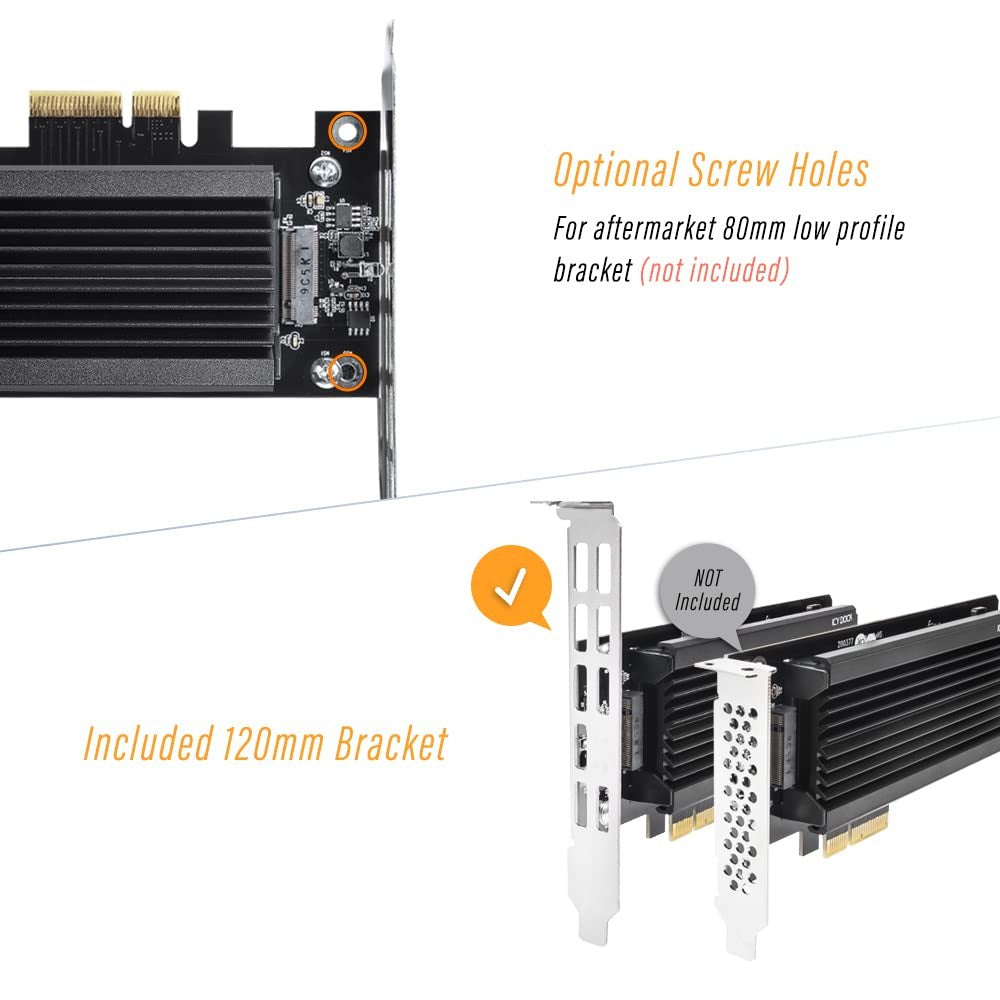 ICY DOCK M.2 NVMe SSD to PCIe adapter card with large aluminum heat sink and PCIe x16/x8/x4 slot for enhanced cooling and performance.