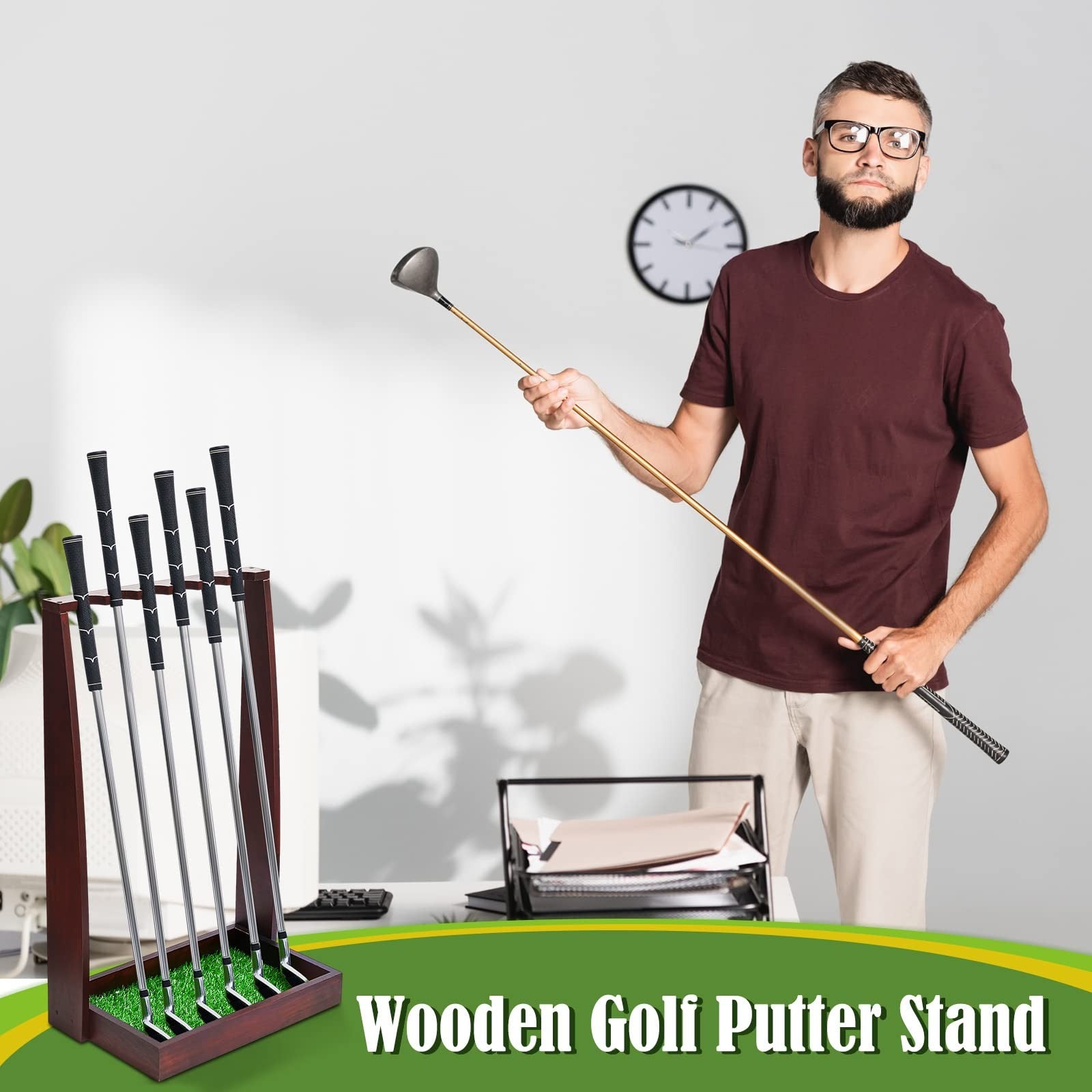 Lenwen wooden golf club holder stand with space for six clubs, designed to organize and display golf putters and clubs.