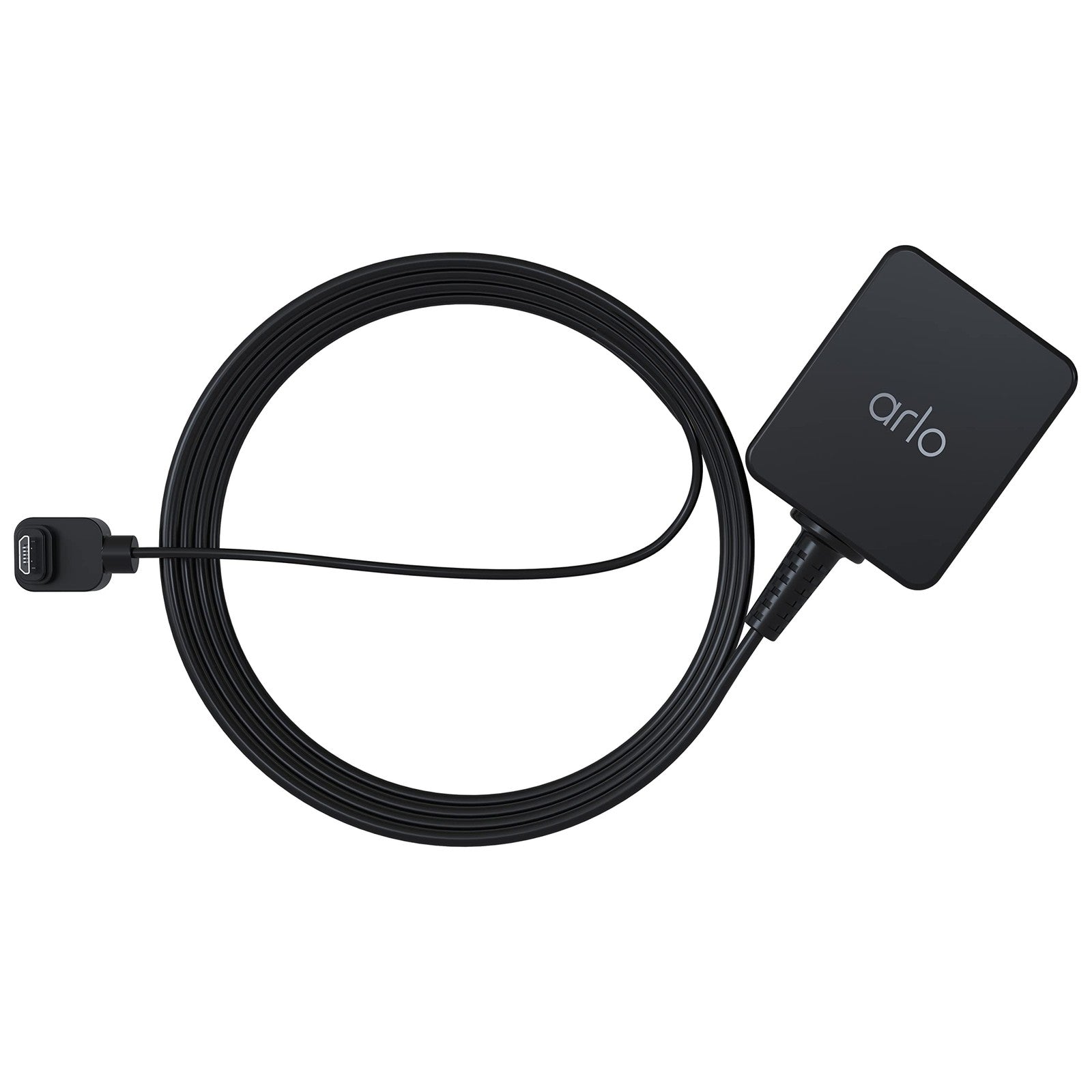 Arlo Essential outdoor 25 ft. charging cable, a durable accessory for Arlo security cameras, shown coiled with outdoor connectors.