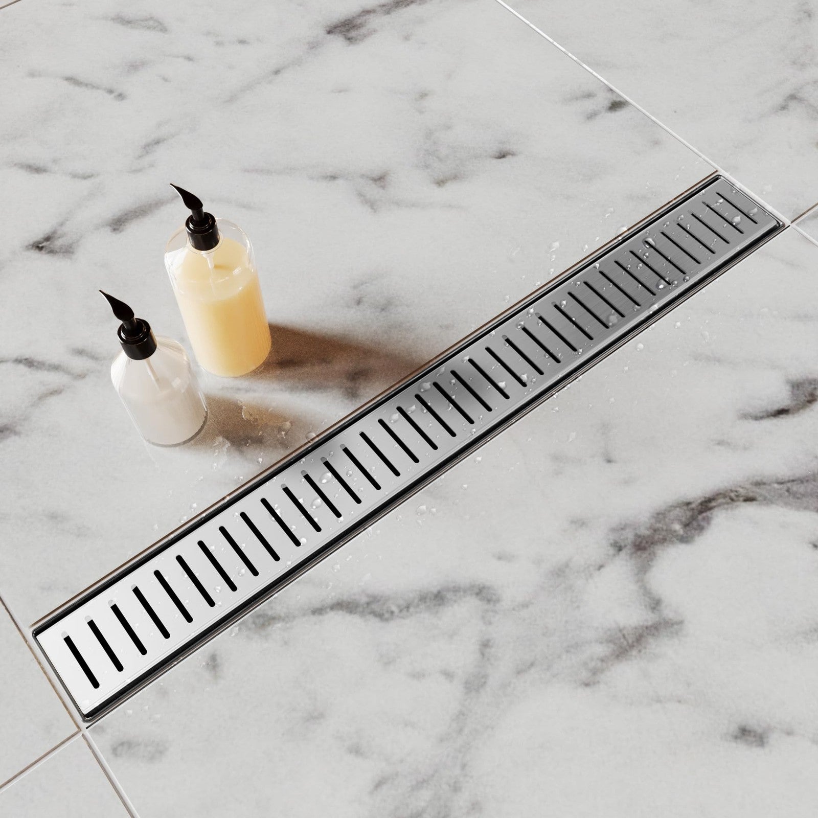 Brushed nickel stainless steel shower drain, 18-inch linear bathroom floor drain with sleek design and durable construction by HTOH