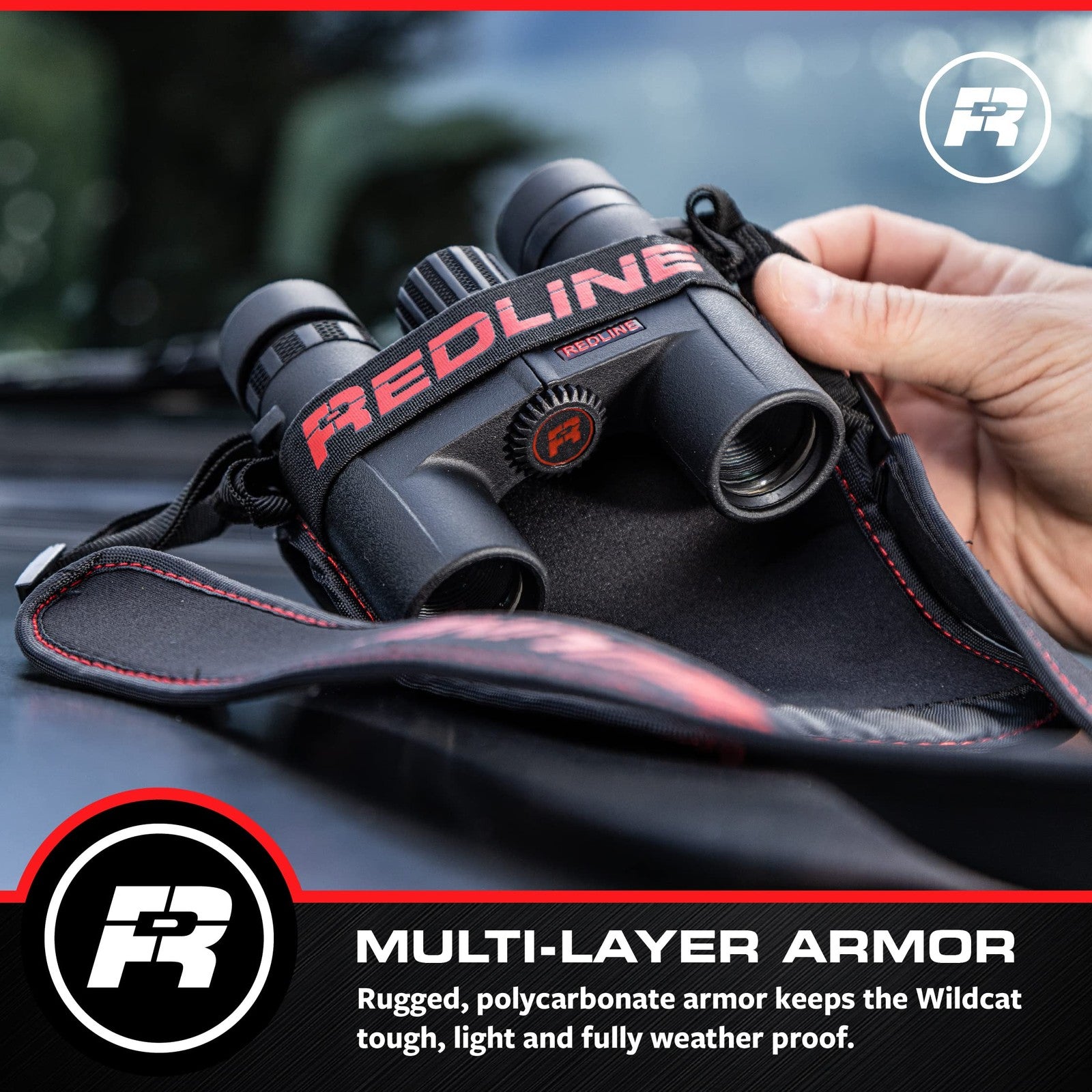 Red-Line Optics F4F Wildcat 8x25 binoculars with 7 prism, compact design ideal for hiking and hunting, featuring red accents.