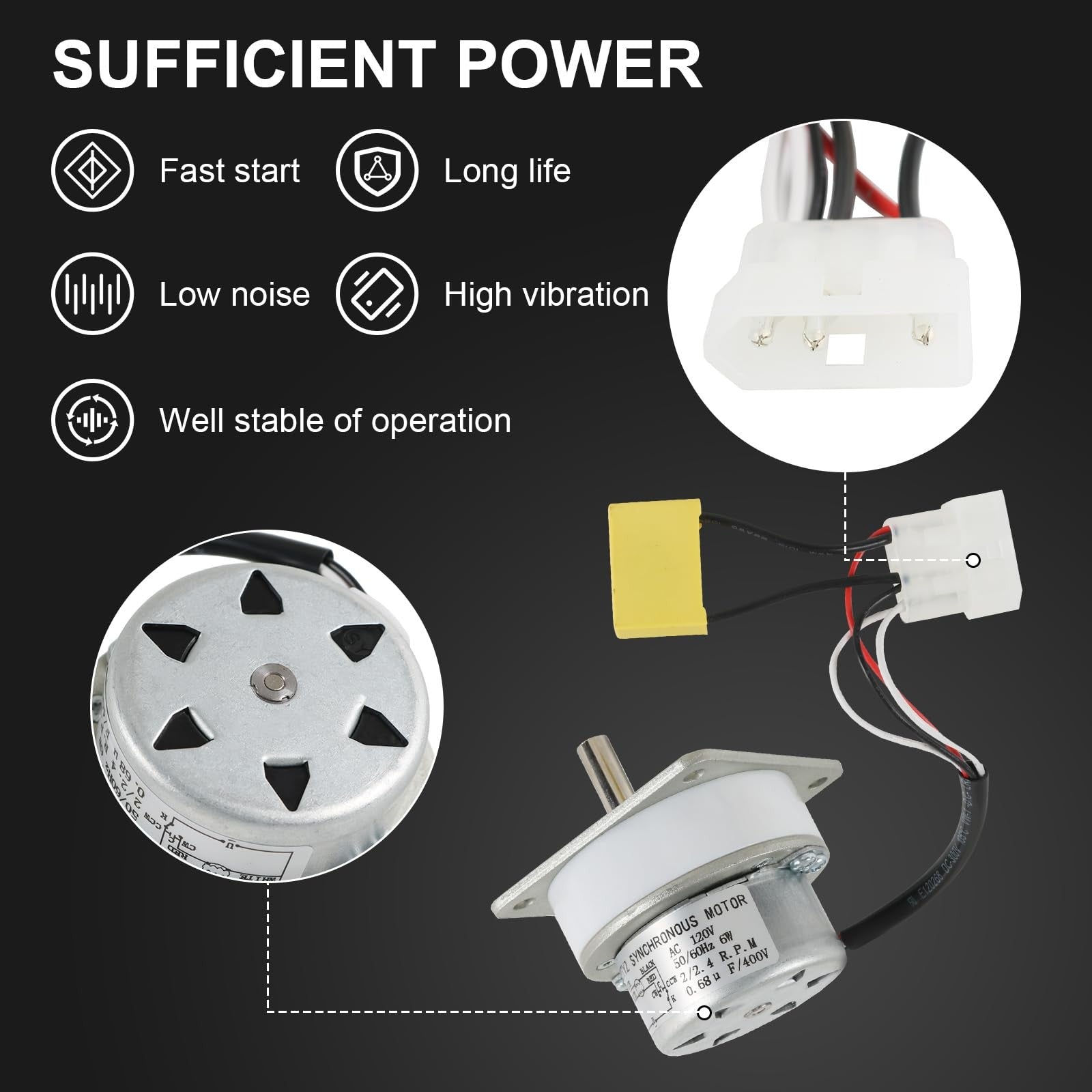 Ralzaoto upgraded 2.4RPM auger feed motor AC120V compatible with Quadra-Fire Part 812-442, showing the motor with wiring and mounting hardware.