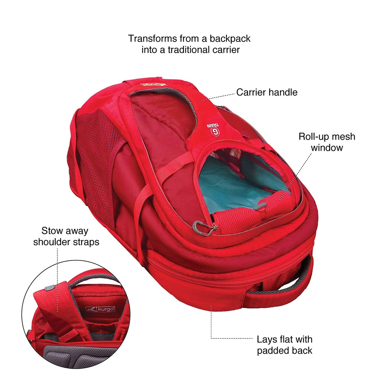 Kurgo G-Train dog carrier backpack with mesh panels and adjustable straps for comfortable pet travel up to 25 pounds.
