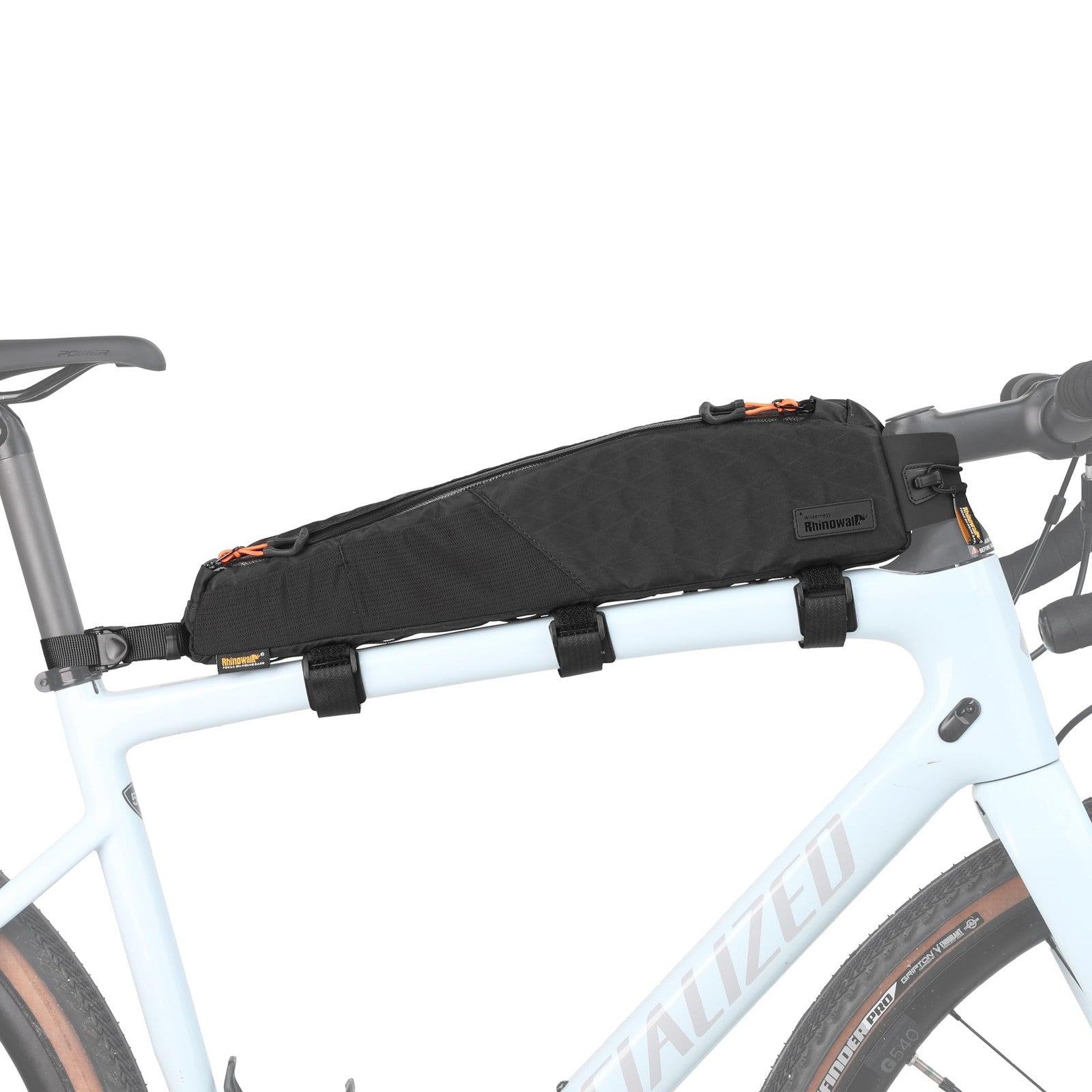 Rhinowalk waterproof bike top tube bag attached to bicycle frame, showing compact front storage with zipper closure and reflective details.