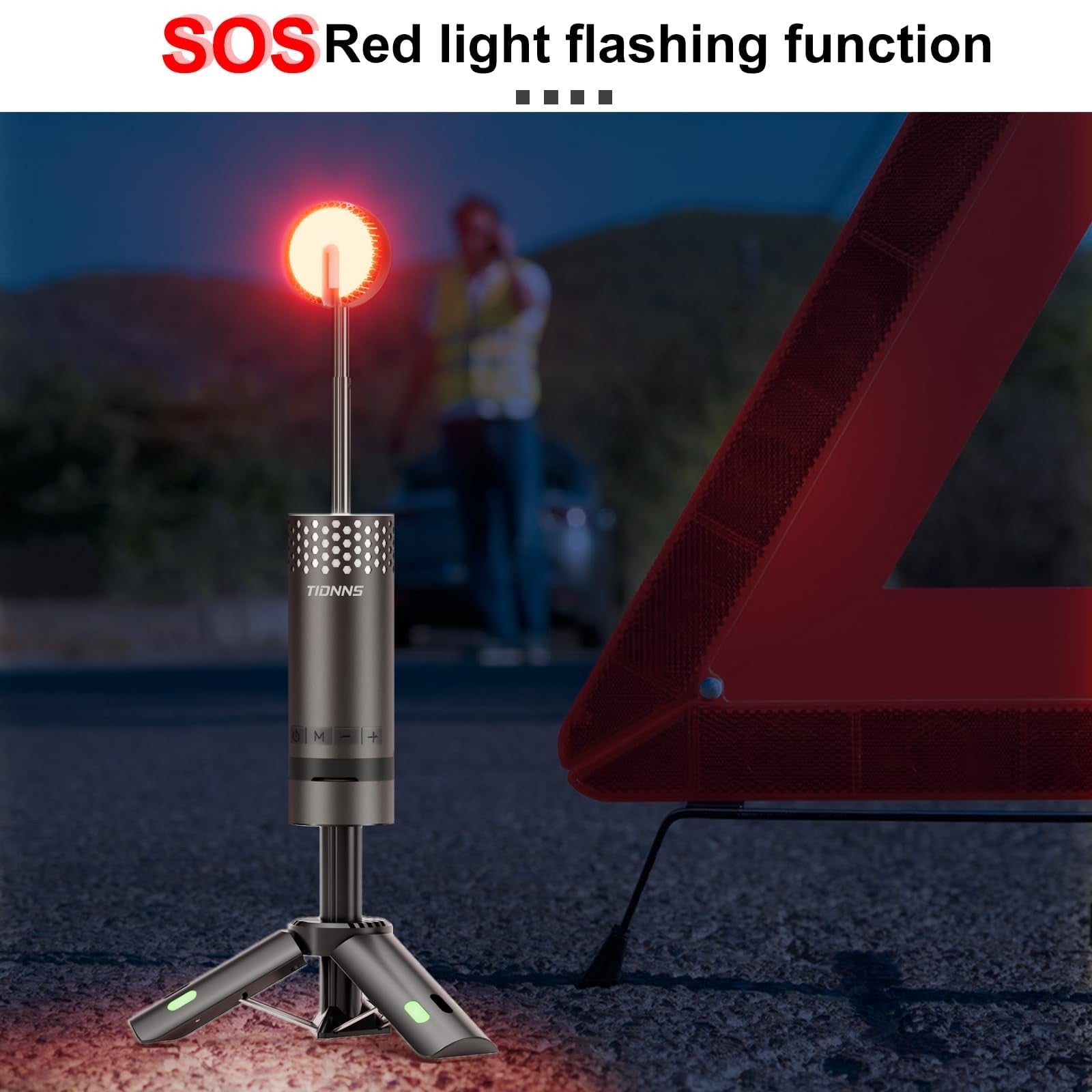Rechargeable TIDNNS camping lantern with detachable stand, waterproof design, and bright LED light for outdoor camping and hiking.