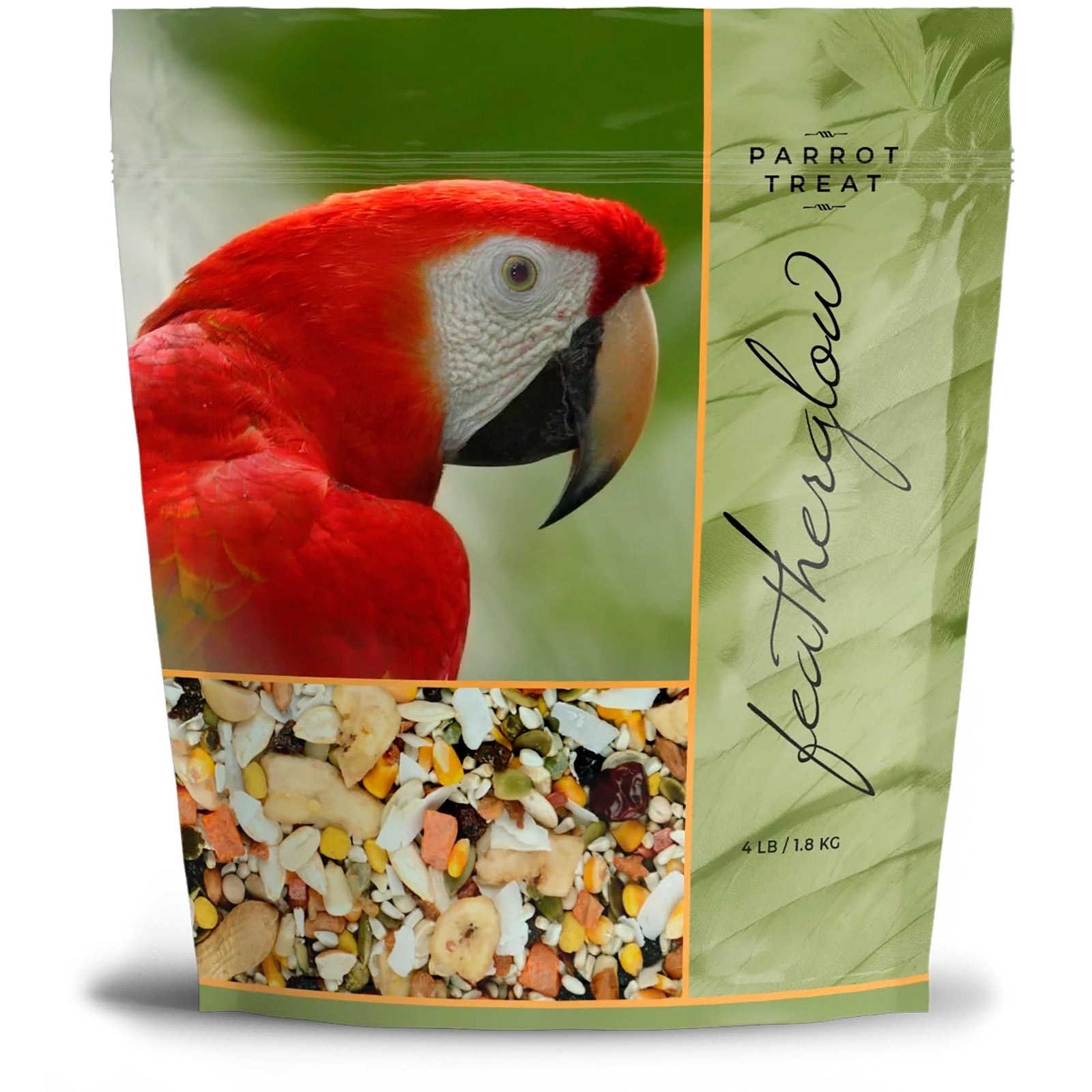 Volkman Seed Featherglow Parrot Treat in 4lb bag, showing colorful seed mixture for parrots and other large birds