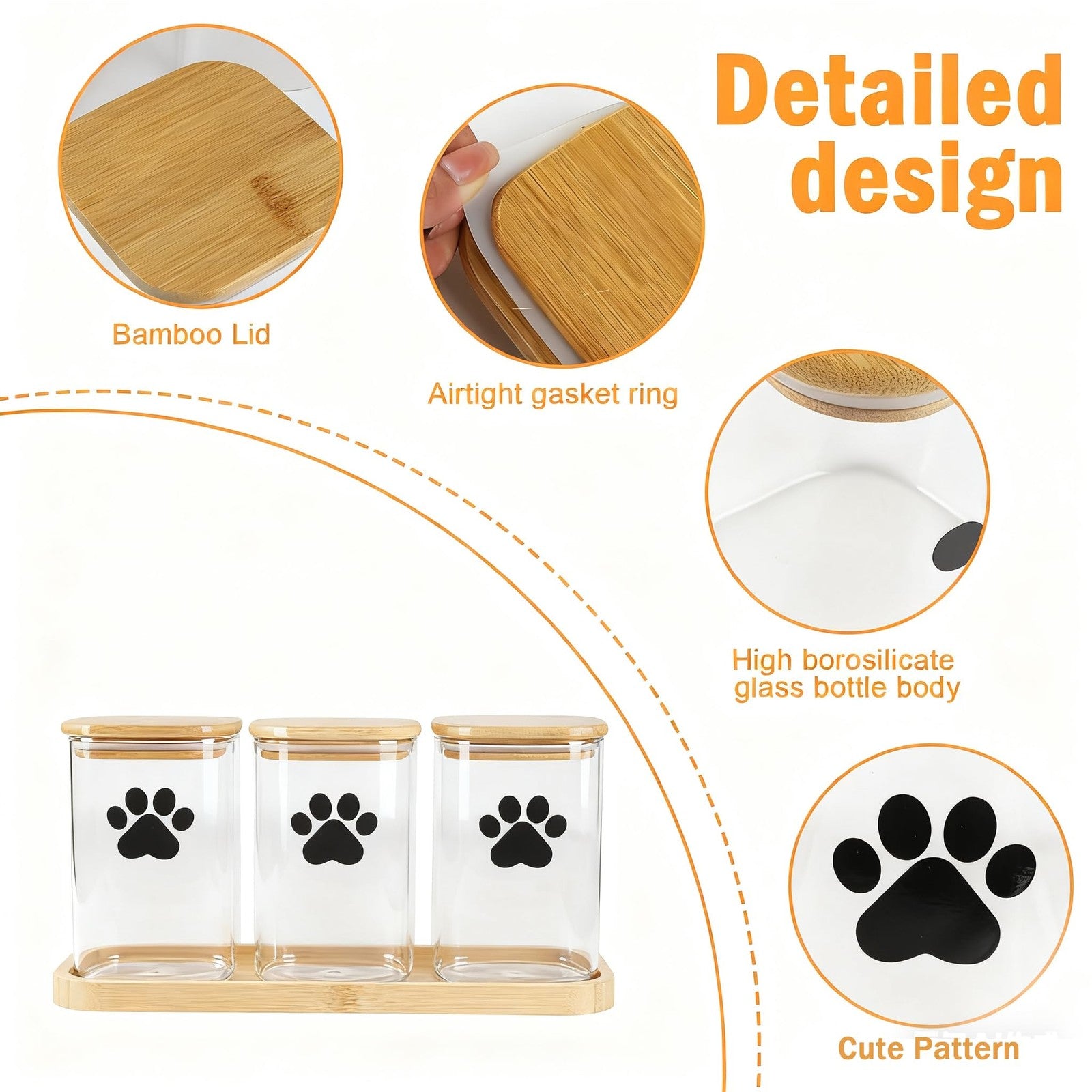 Set of three clear glass dog treat jars by Brabtod with bamboo lids, showcasing their transparent design and stylish storage for pet treats.