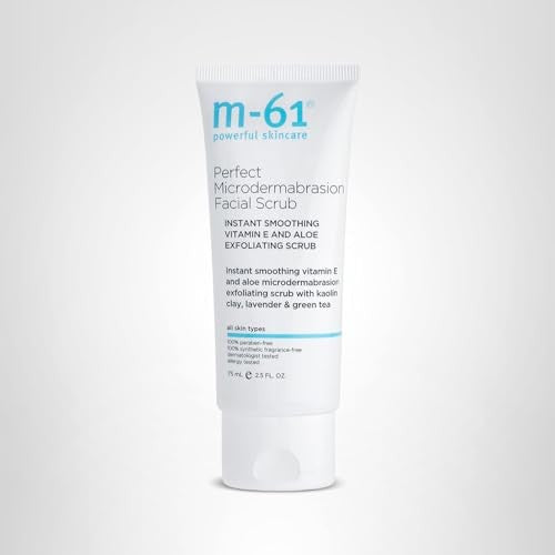 m-61 Perfect Microdermabrasion Facial Scrub jar with label, showing exfoliating benefits and smooth skin texture.